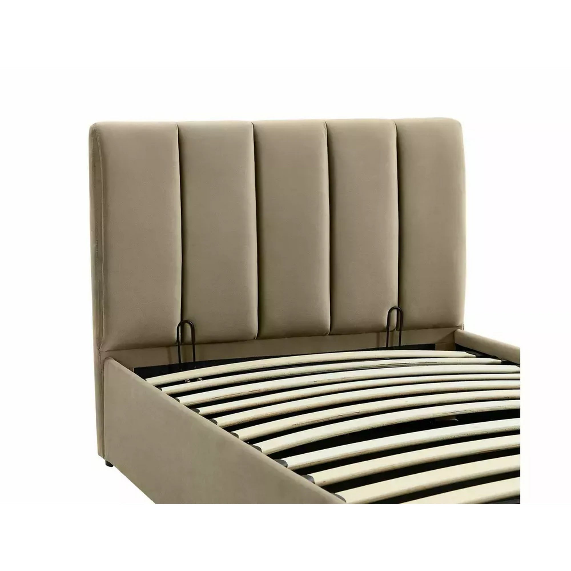 Pat MONTREAL 90x200, stofa catifelata bej - Bluvel 28, cu somiera si spatiu depozitare