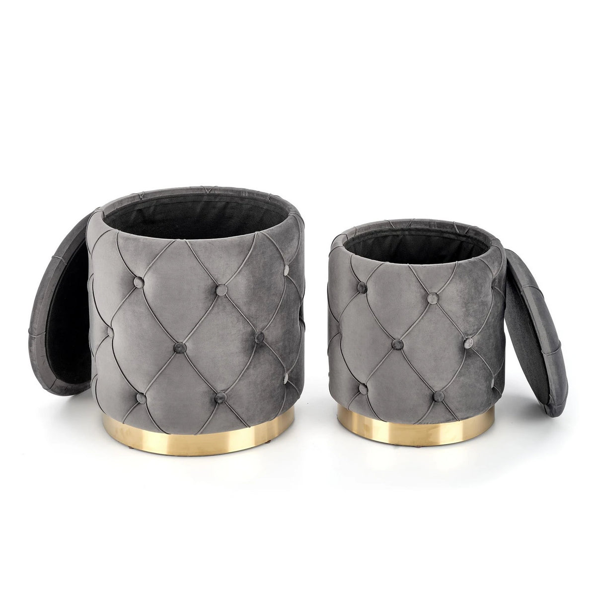 Set 2 tabureti POLLY, stofa catifelata, gri, cu spatiu depozitare