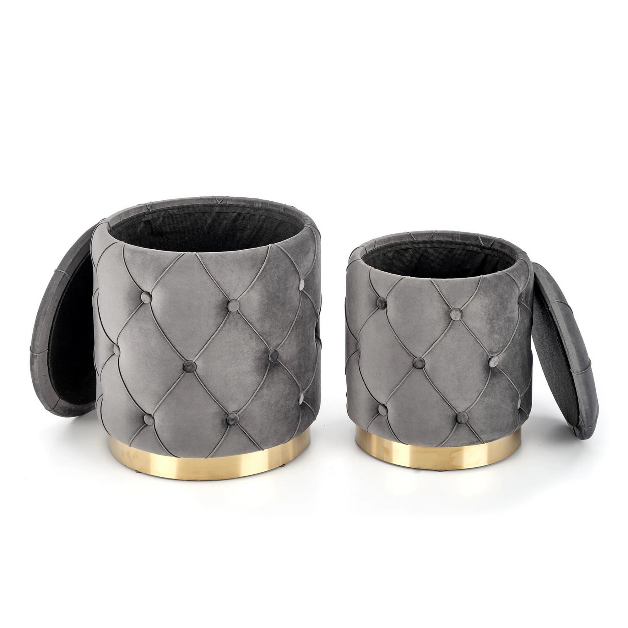 Set 2 tabureti POLLY, stofa catifelata, gri, cu spatiu depozitare