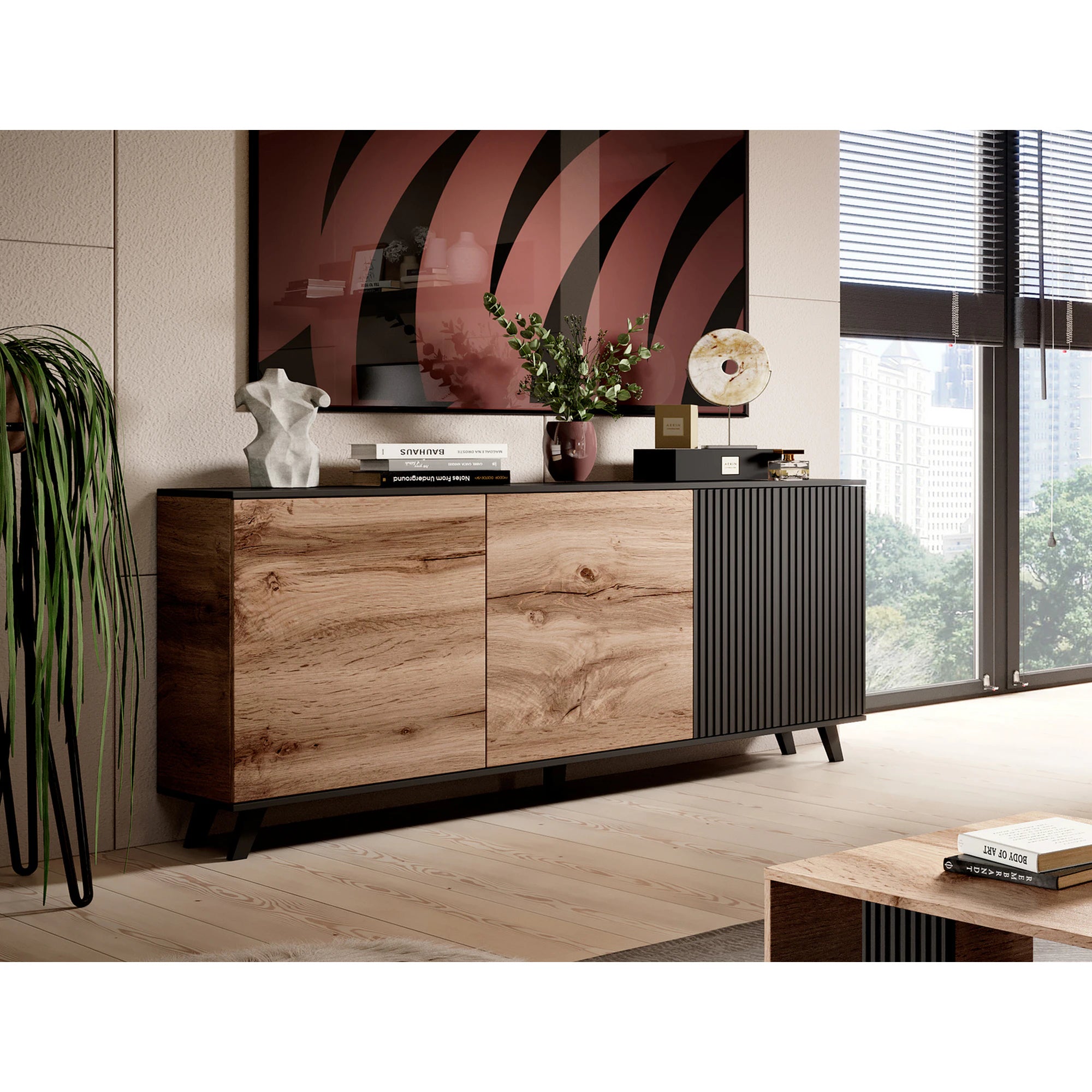 Comoda RANDOM KM-1, stejar wotan/negru, PAL furniruit, 160x40x82 cm