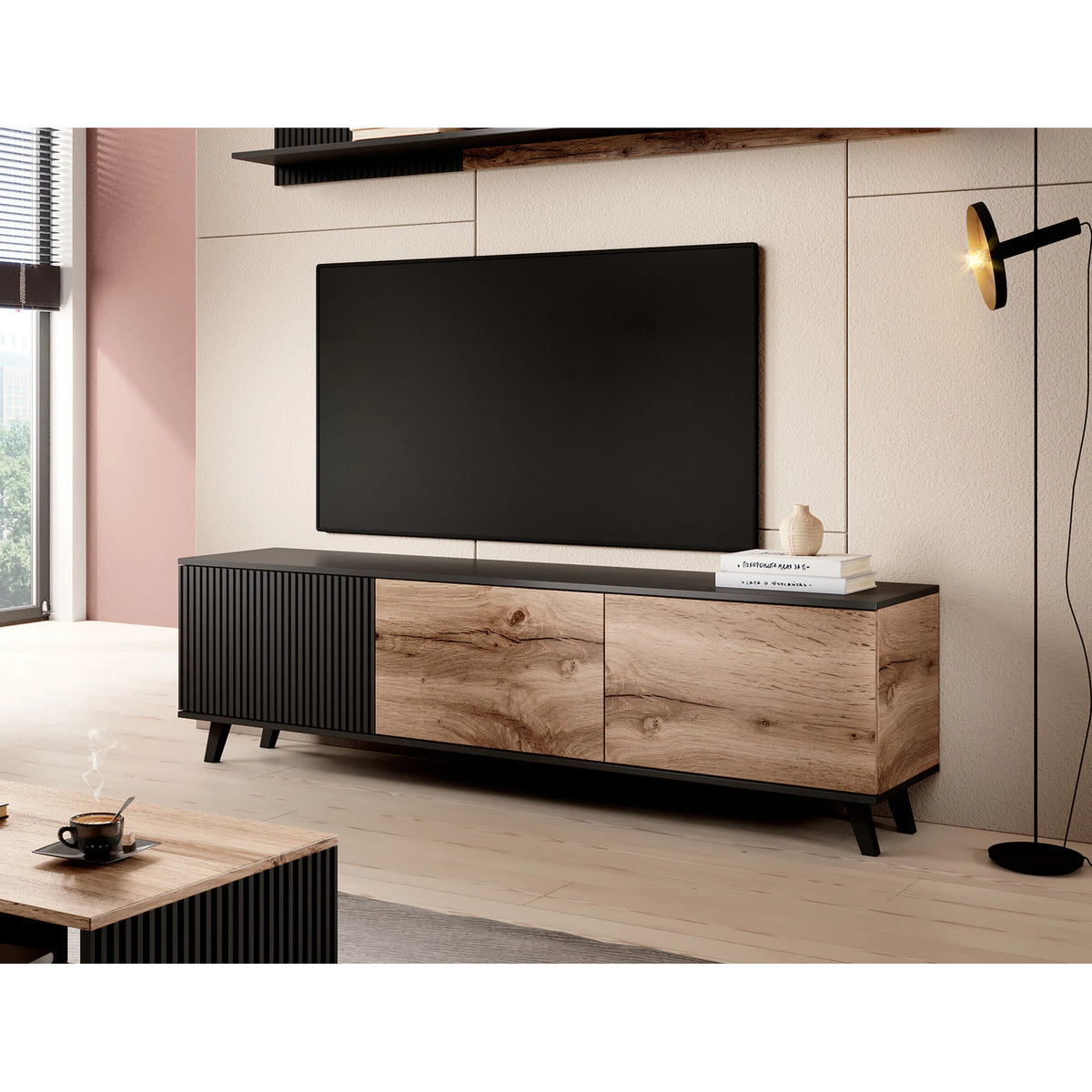 Comoda TV RANDOM, stejar wotan/negru, PAL furniruit, 180x40x52 cm