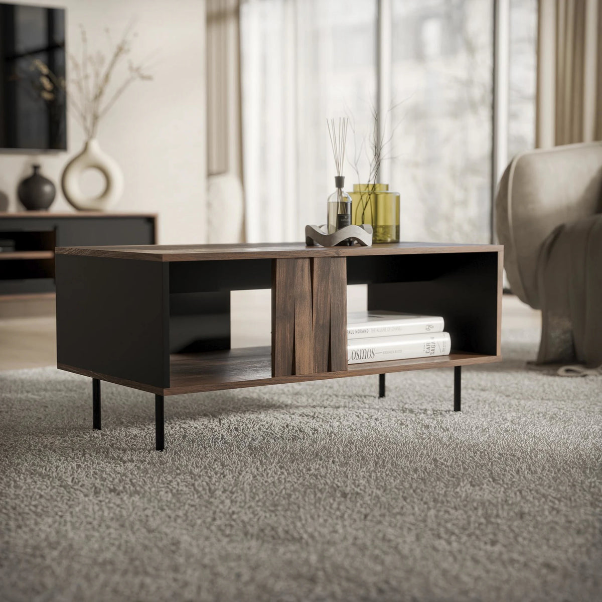 Masuta cafea SWING LAW-1, nuc/negru, PAL laminat/otel, 100x54x45 cm