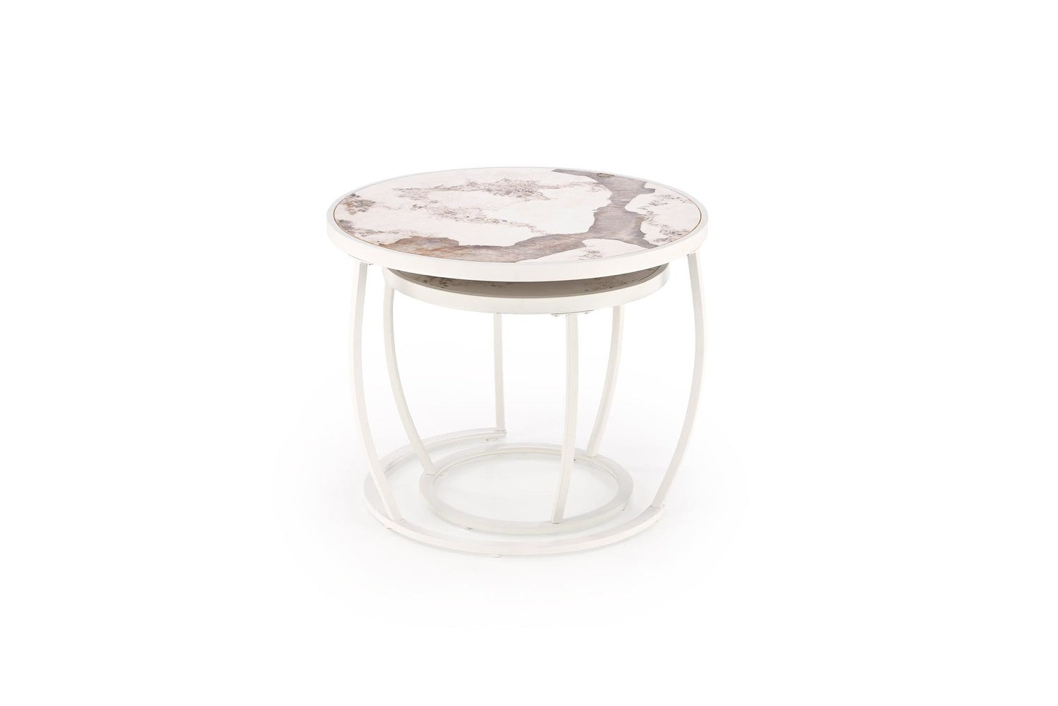 Set 2 masute cafea INES, bej cu efect de marmura/alb, ceramica/metal