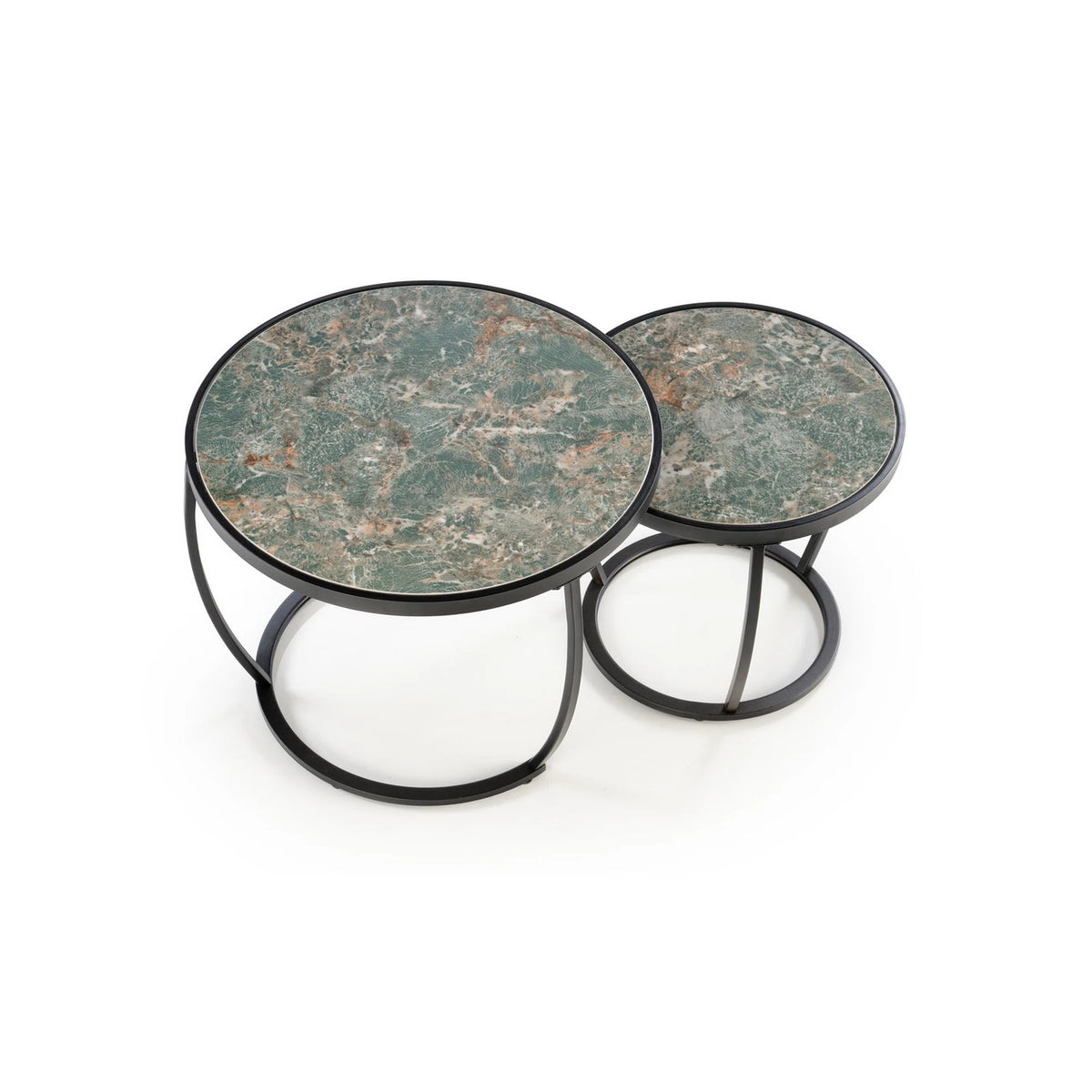 Set 2 masute cafea INES, verde cu efect de marmura/negru, ceramica/metal