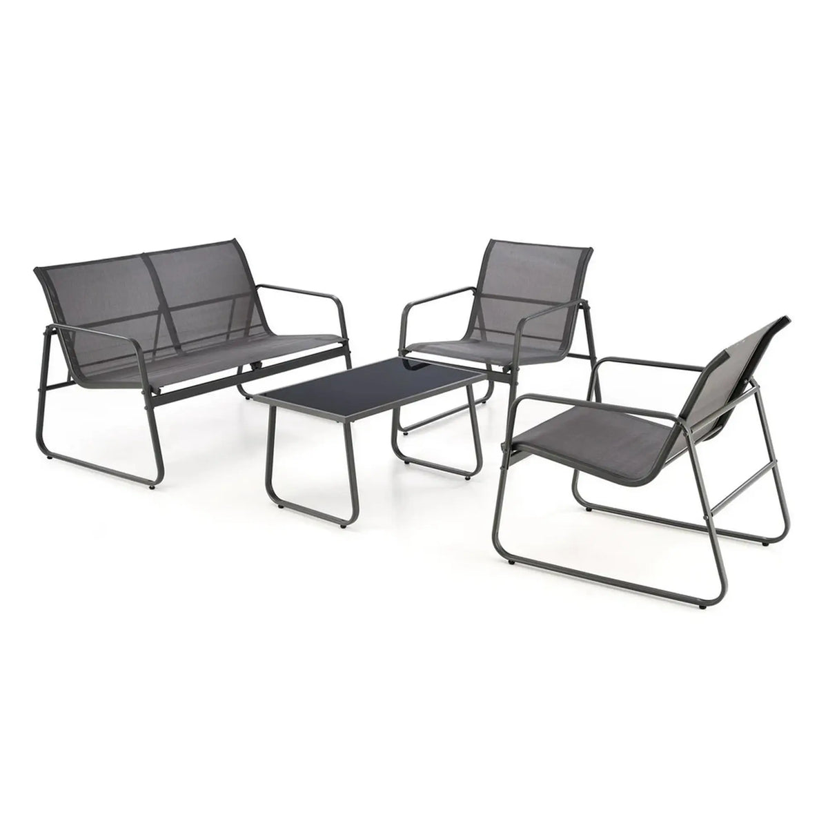 Set gradina CONOR, gri, plasa/sticla/metal, cu masuta, 2 scaune si canapea