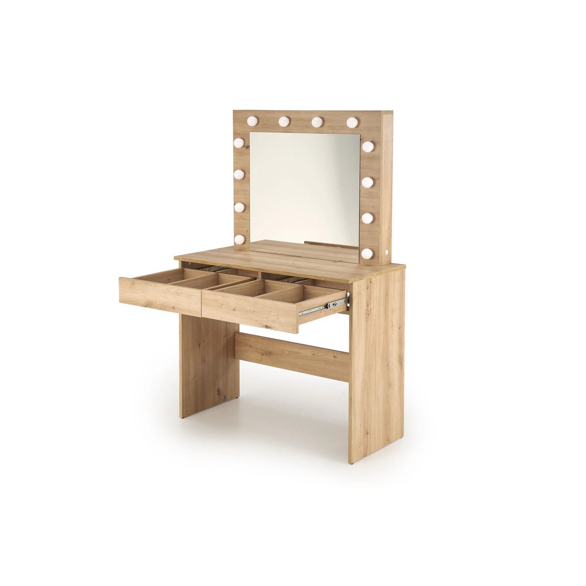 Masa de toaleta HOLLYWOOD, stejar artisan, PAL laminat, cu oglinda si iluminare LED, 94x43x140 cm