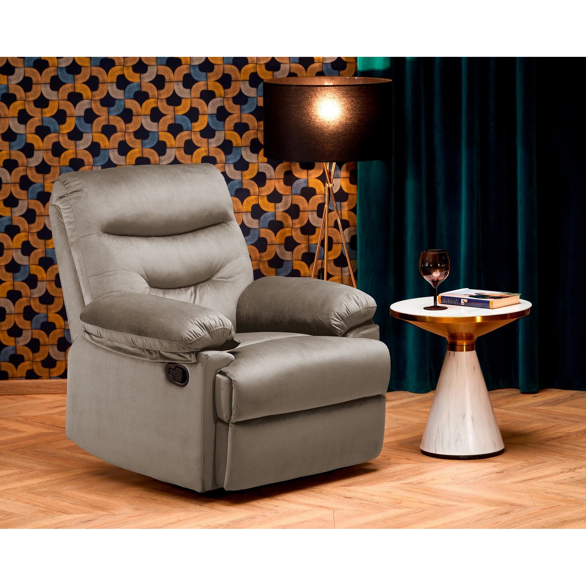 Fotoliu cu recliner DRAGER, bej/negru, stofa catifelata/metal, 88x90/160x105 cm