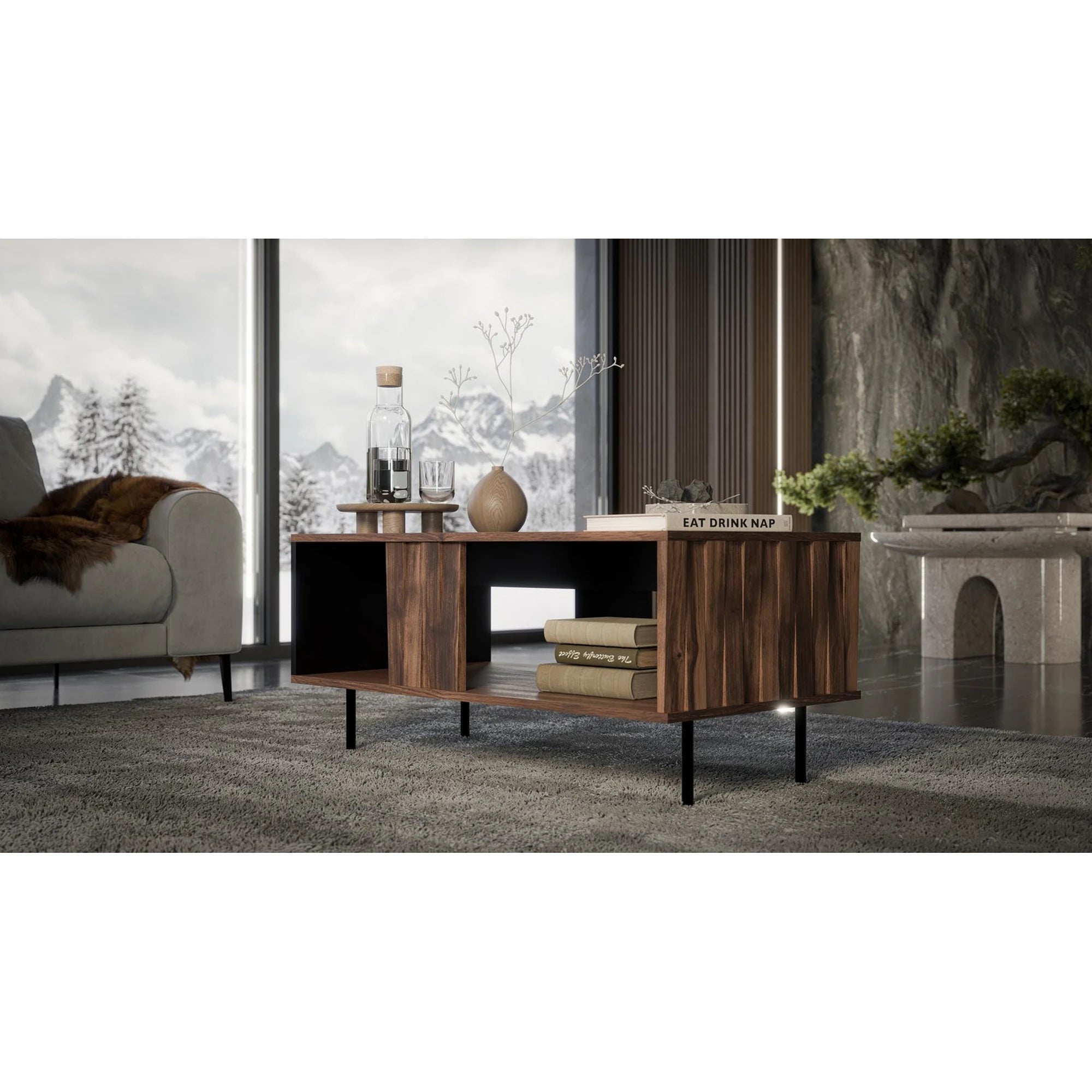 Masuta cafea SWING LAW-1, nuc/negru, PAL laminat/otel, 100x54x45 cm