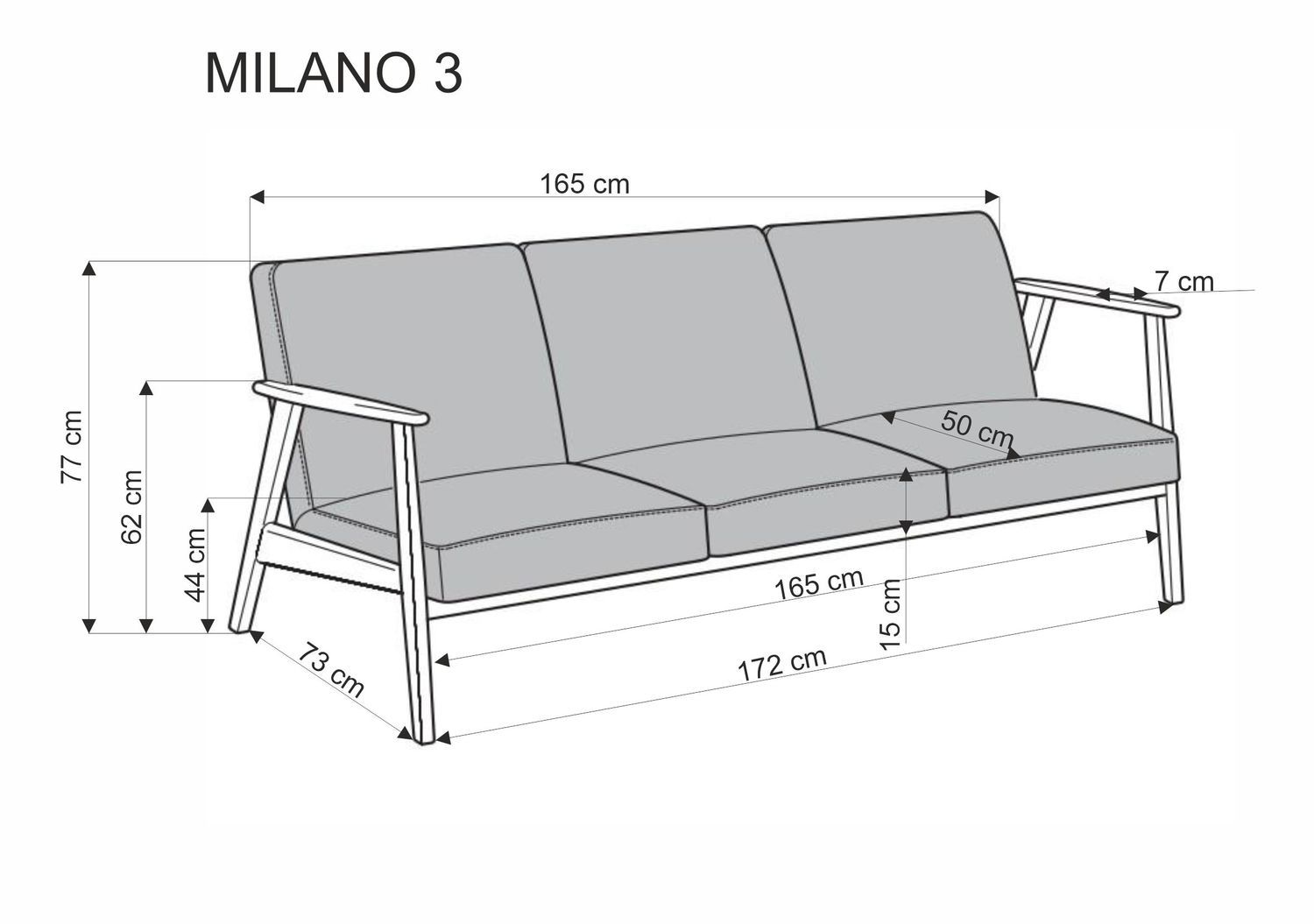 Canapea MILANO 3S, gri - Castel 93, stofa catifelata/lemn, 175x77x77 cm