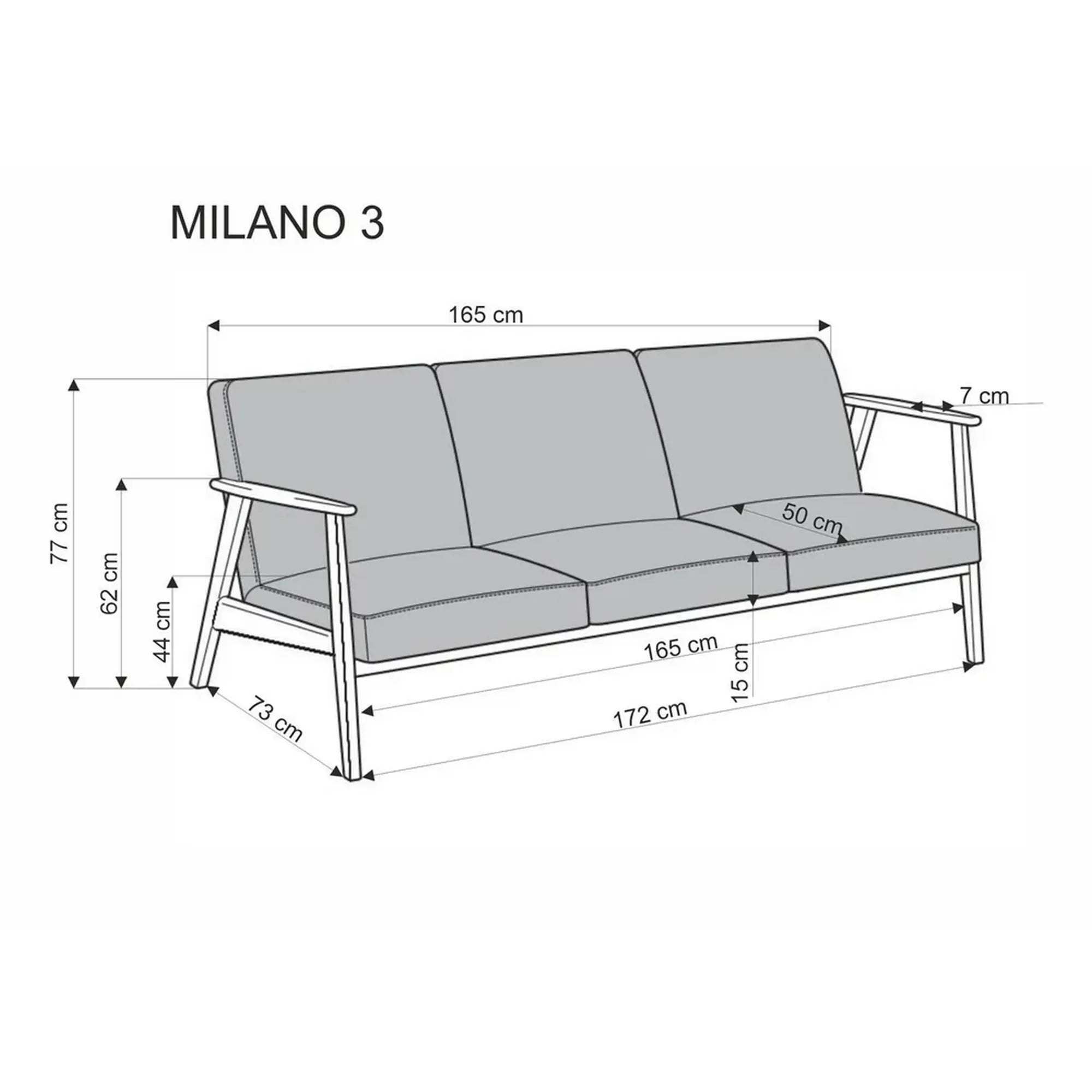 Canapea MILANO 3S, gri - Castel 93, stofa catifelata/lemn, 175x77x77 cm