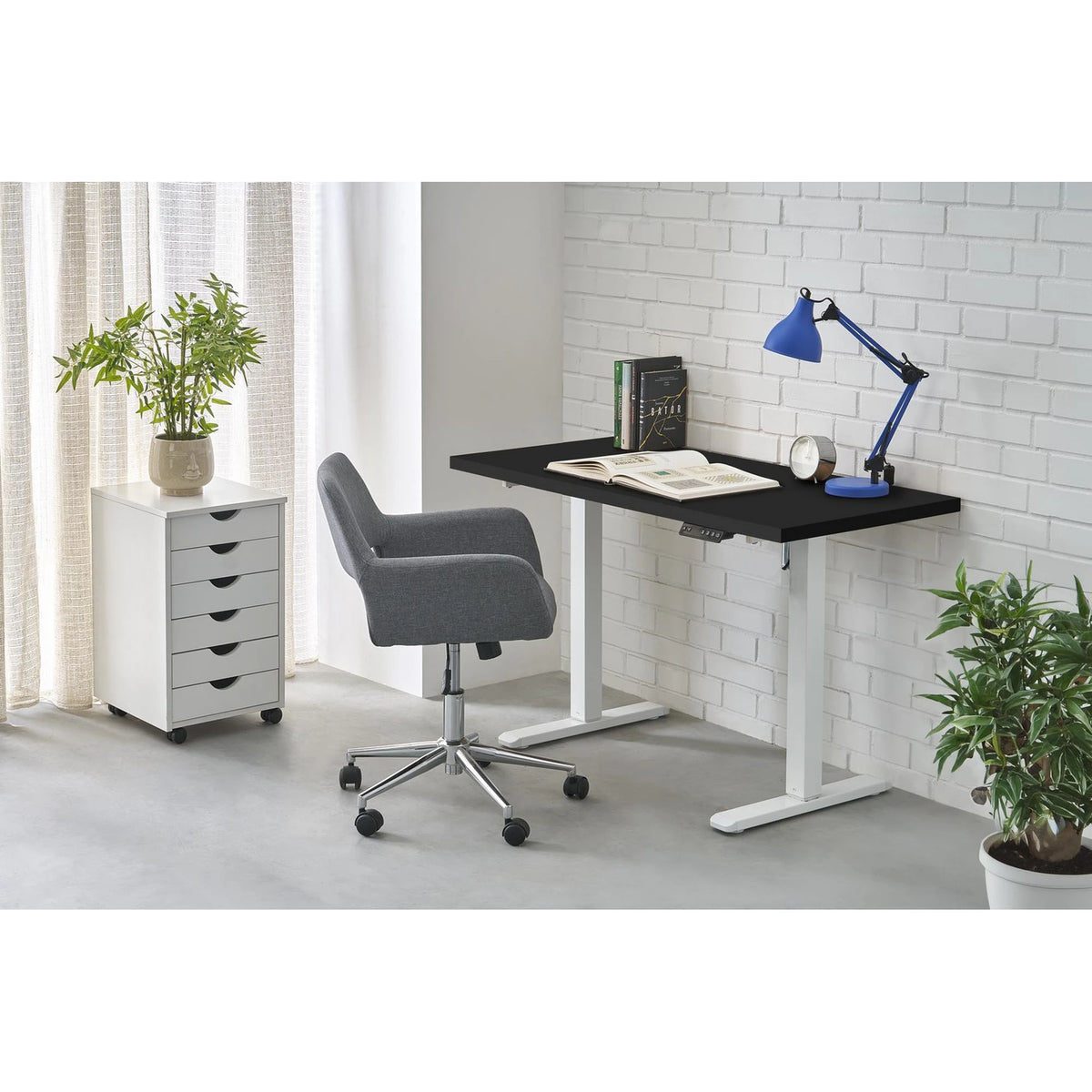 Masa birou B54, negru/alb, PAL laminat/otel, 120x60x75-120 cm