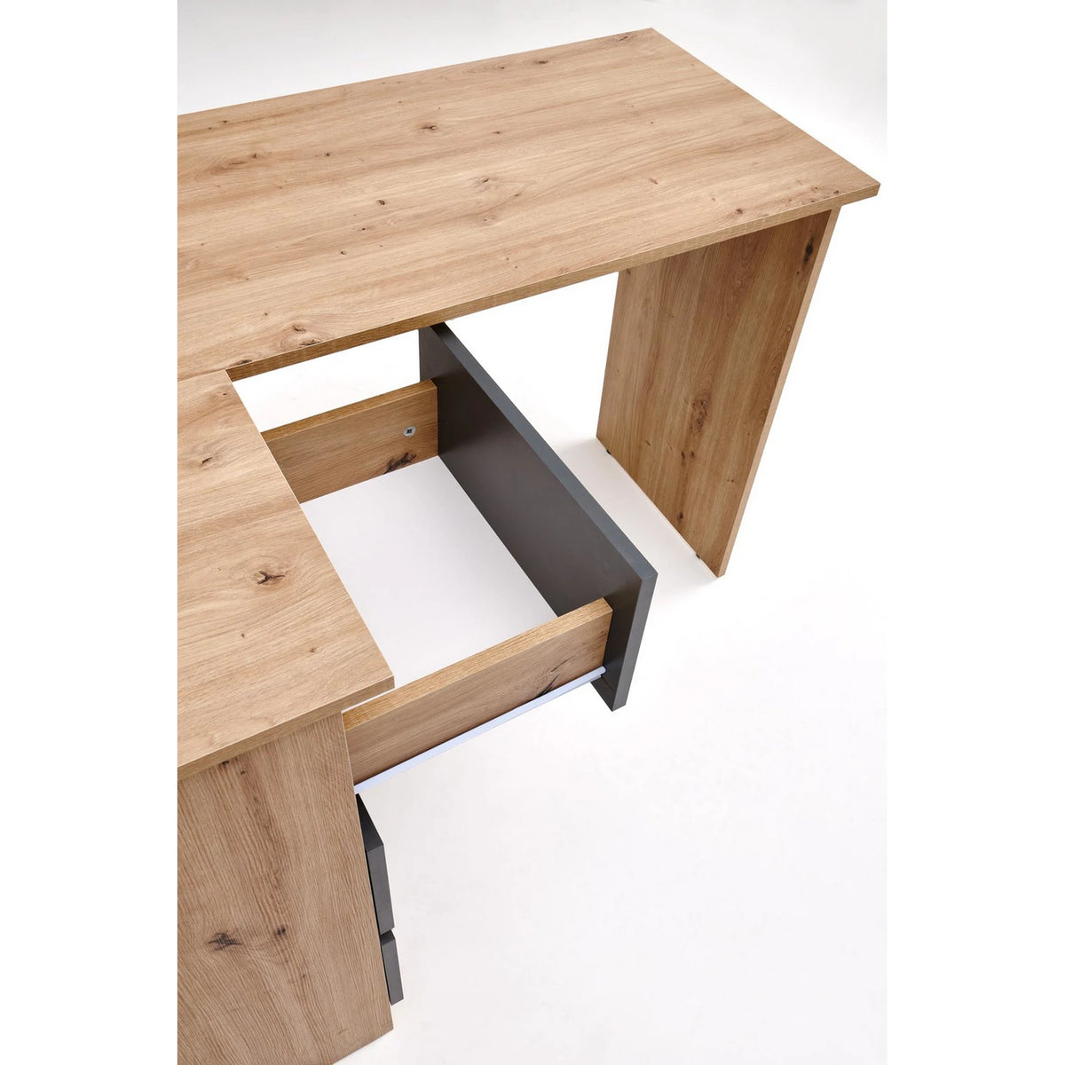 Birou BEGA, stejar artisan/gri grafit, PAL laminat, 124x85x76 cm