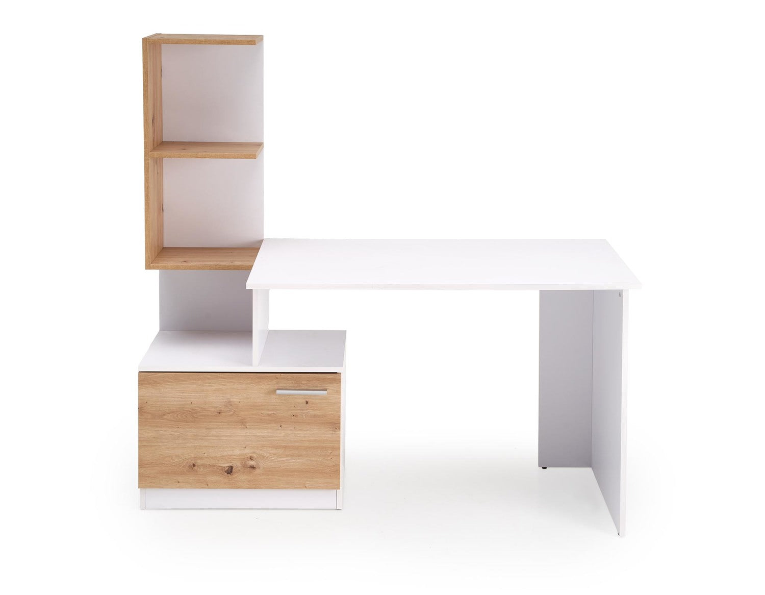 Birou MISO, alb/stejar artisan, PAL laminat, 144x60x142 cm