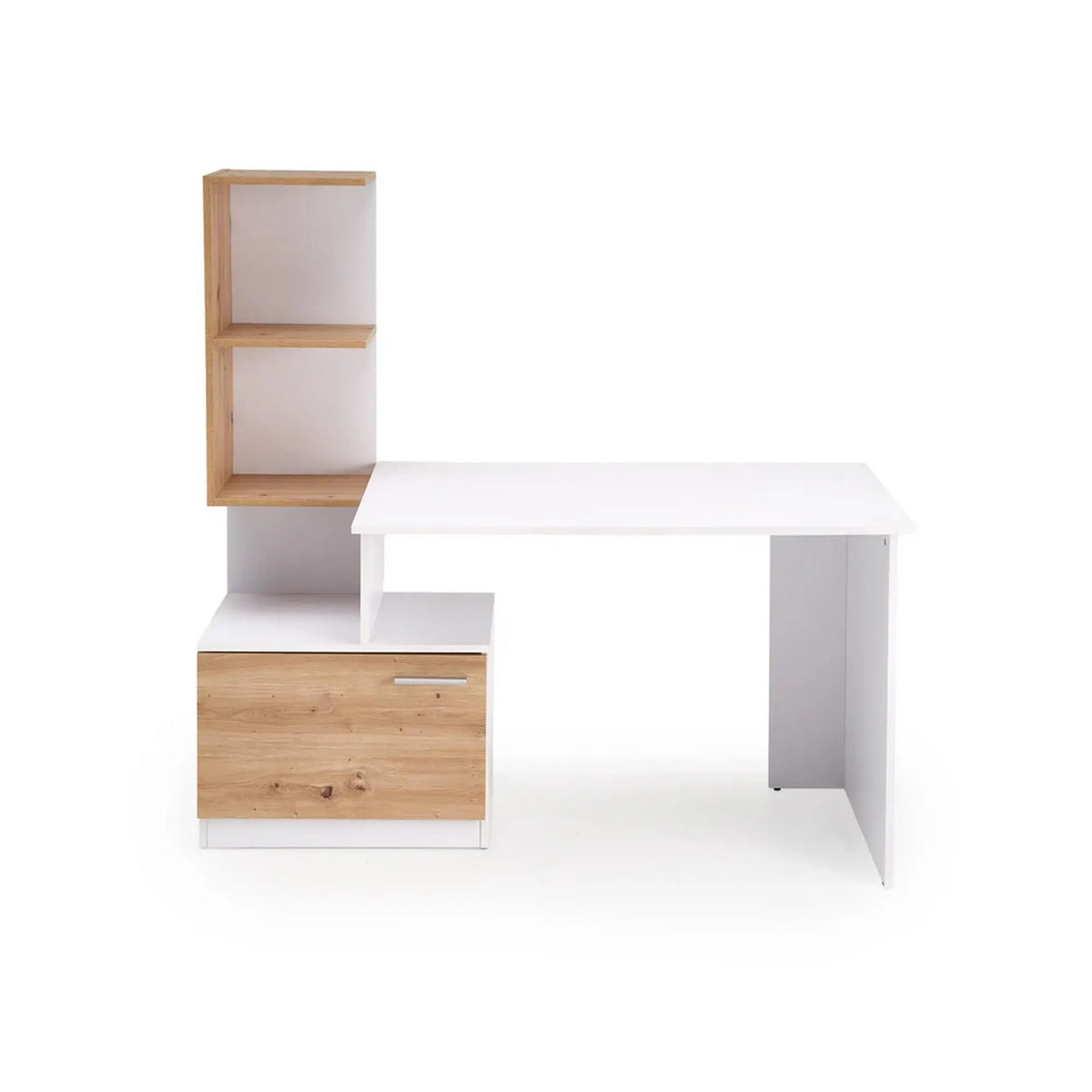 Birou MISO, alb/stejar artisan, PAL laminat, 144x60x142 cm