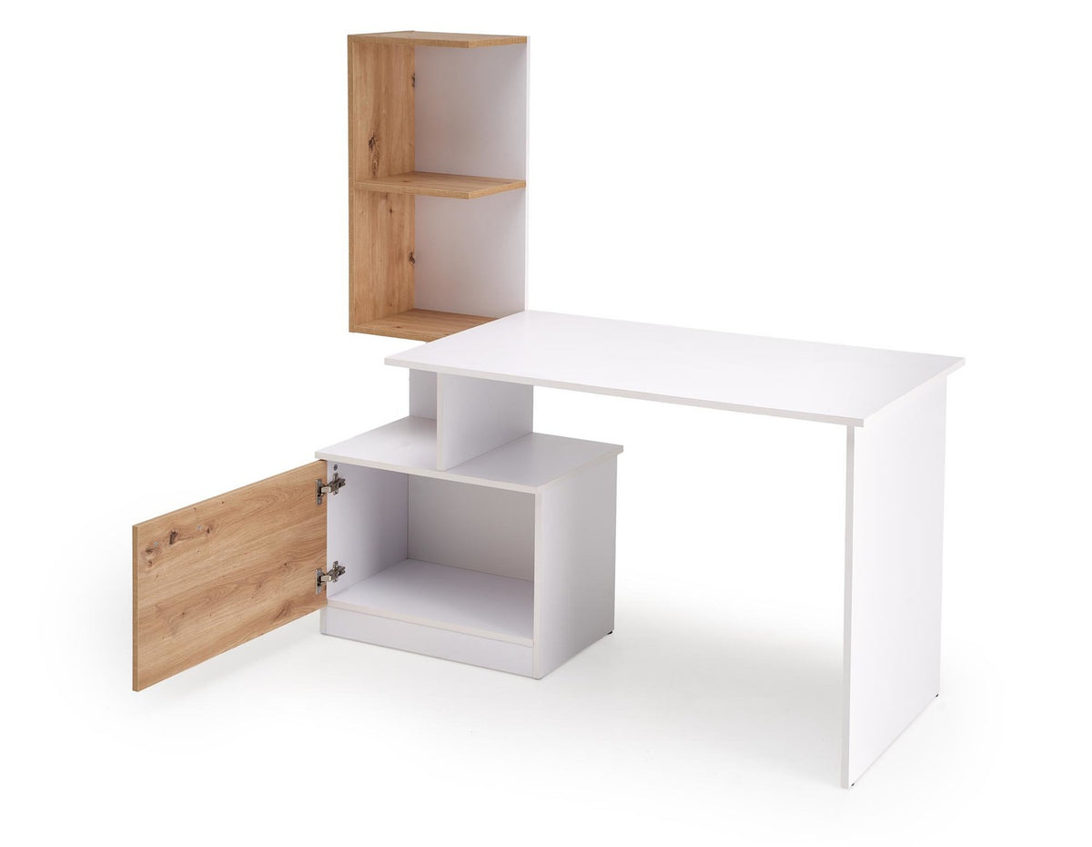 Birou MISO, alb/stejar artisan, PAL laminat, 144x60x142 cm