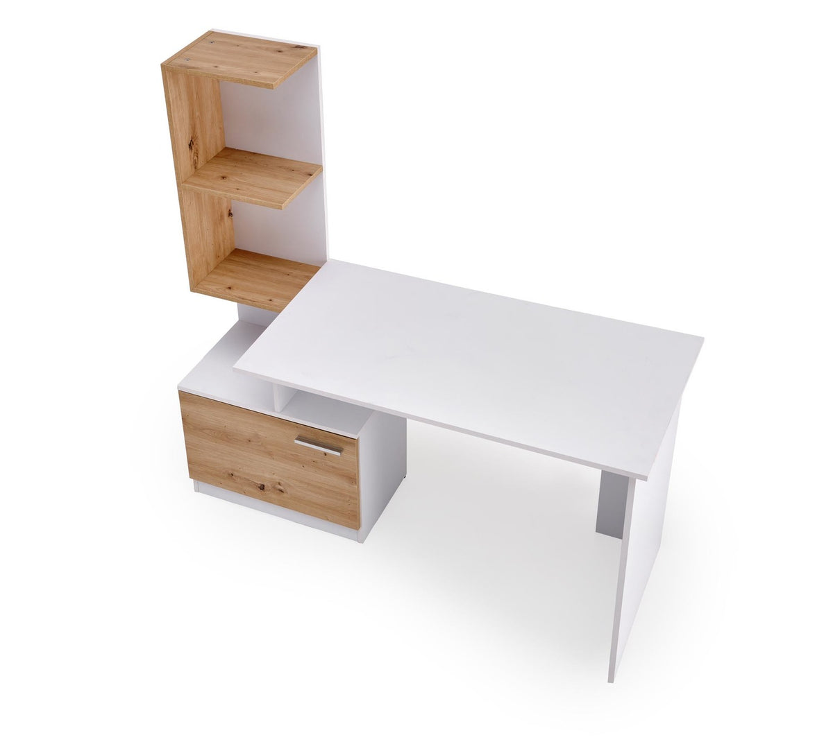 Birou MISO, alb/stejar artisan, PAL laminat, 144x60x142 cm