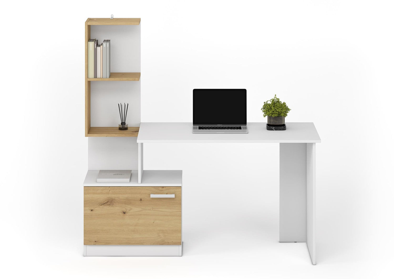 Birou MISO, alb/stejar artisan, PAL laminat, 144x60x142 cm