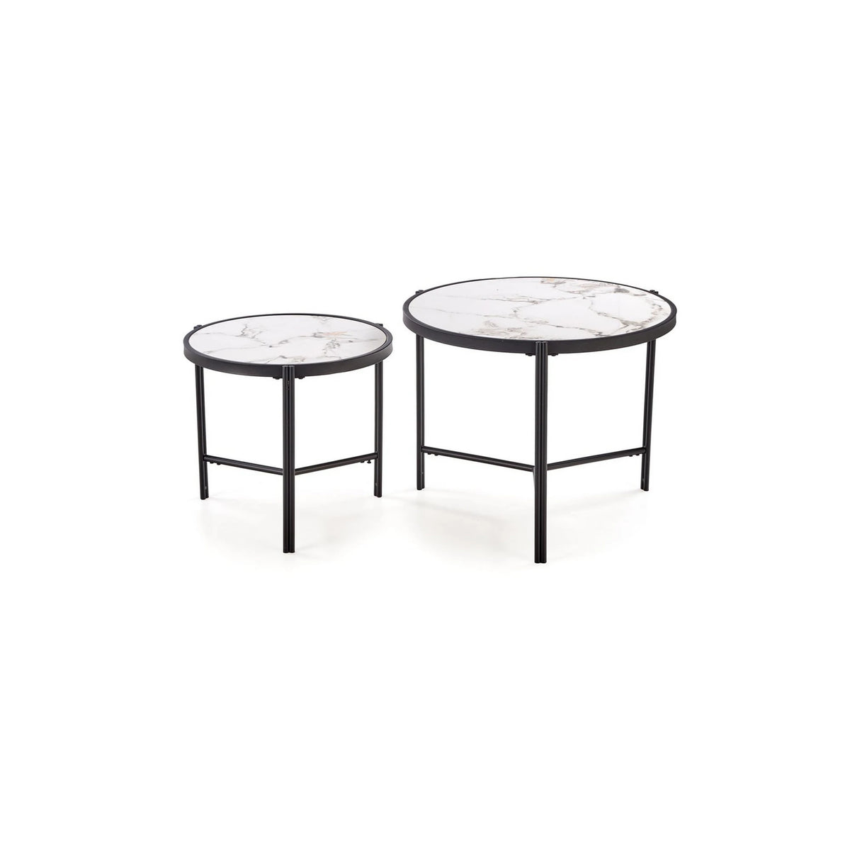 Set 2 masute cafea FATIMA, alb cu efect de marmura/negru, ceramica/metal