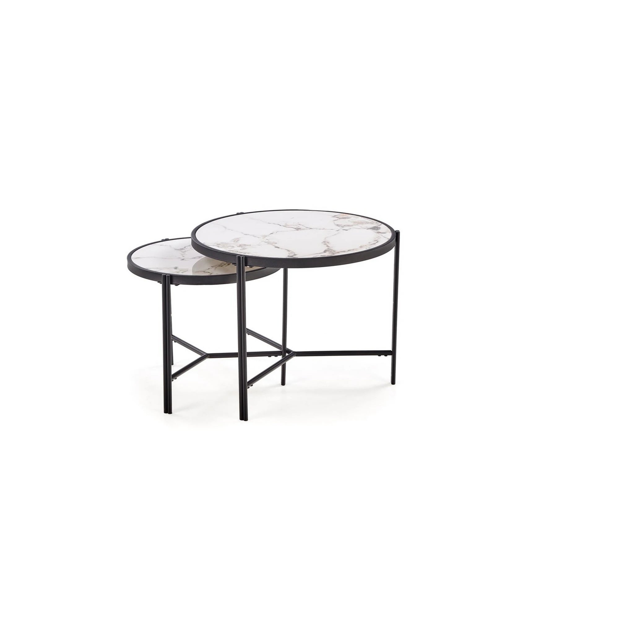 Set 2 masute cafea FATIMA, alb cu efect de marmura/negru, ceramica/metal