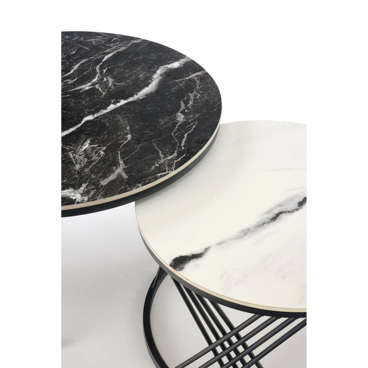 Set 2 masute cafea FLAMINGO, negru cu efect de marmura/alb cu efect de marmura/negru, piatra sinterizata/metal