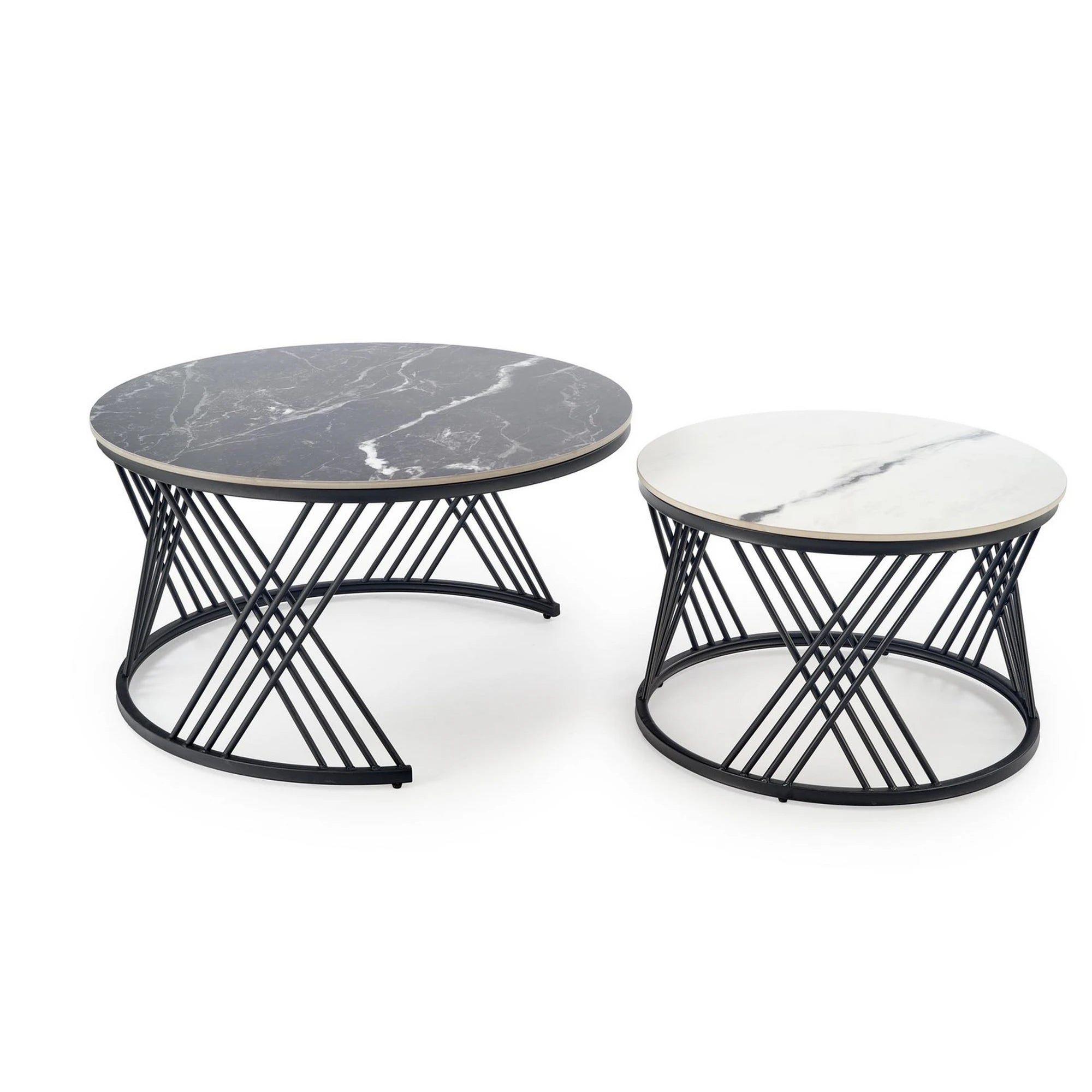 Set 2 masute cafea FLAMINGO, negru cu efect de marmura/alb cu efect de marmura/negru, piatra sinterizata/metal