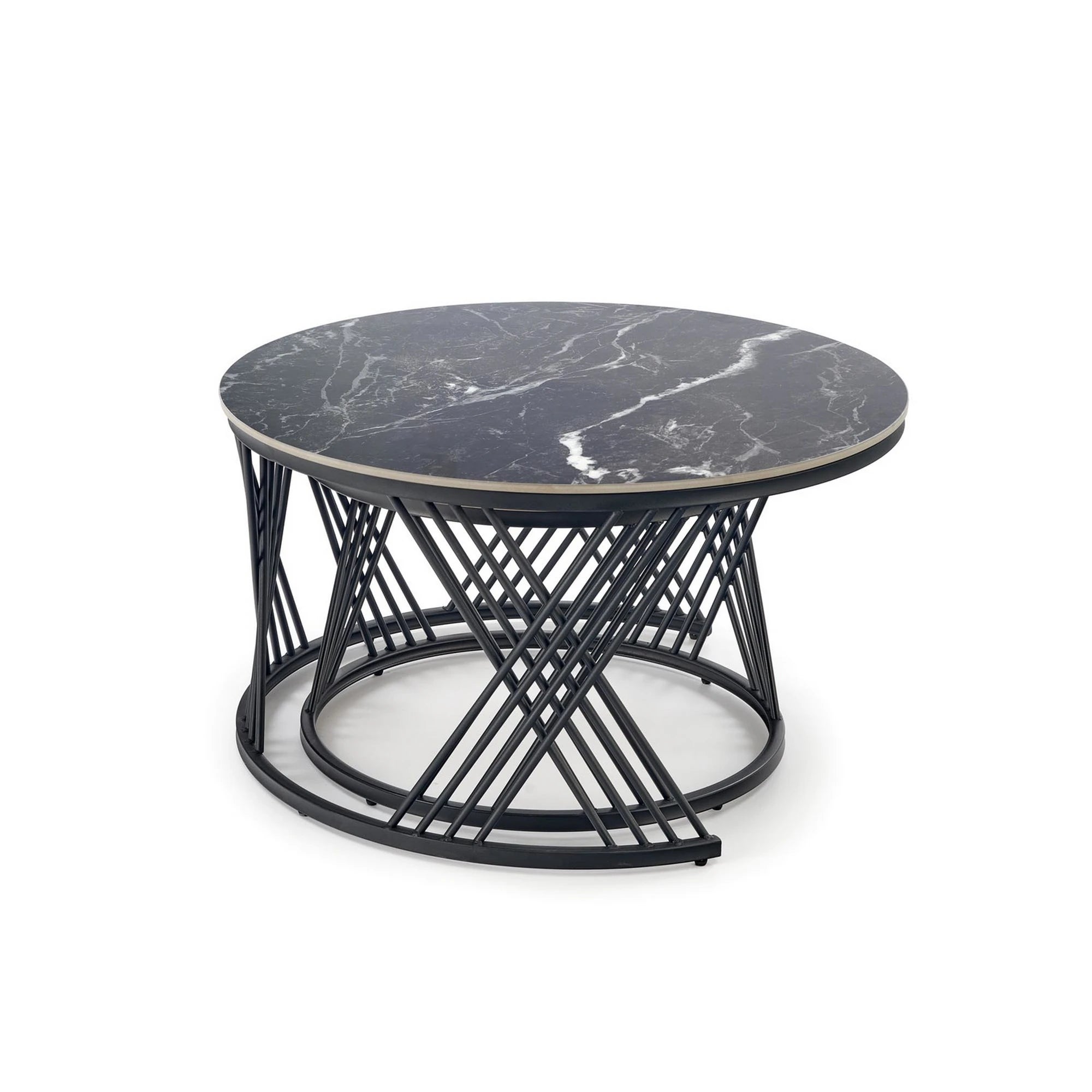 Set 2 masute cafea FLAMINGO, negru cu efect de marmura/alb cu efect de marmura/negru, piatra sinterizata/metal