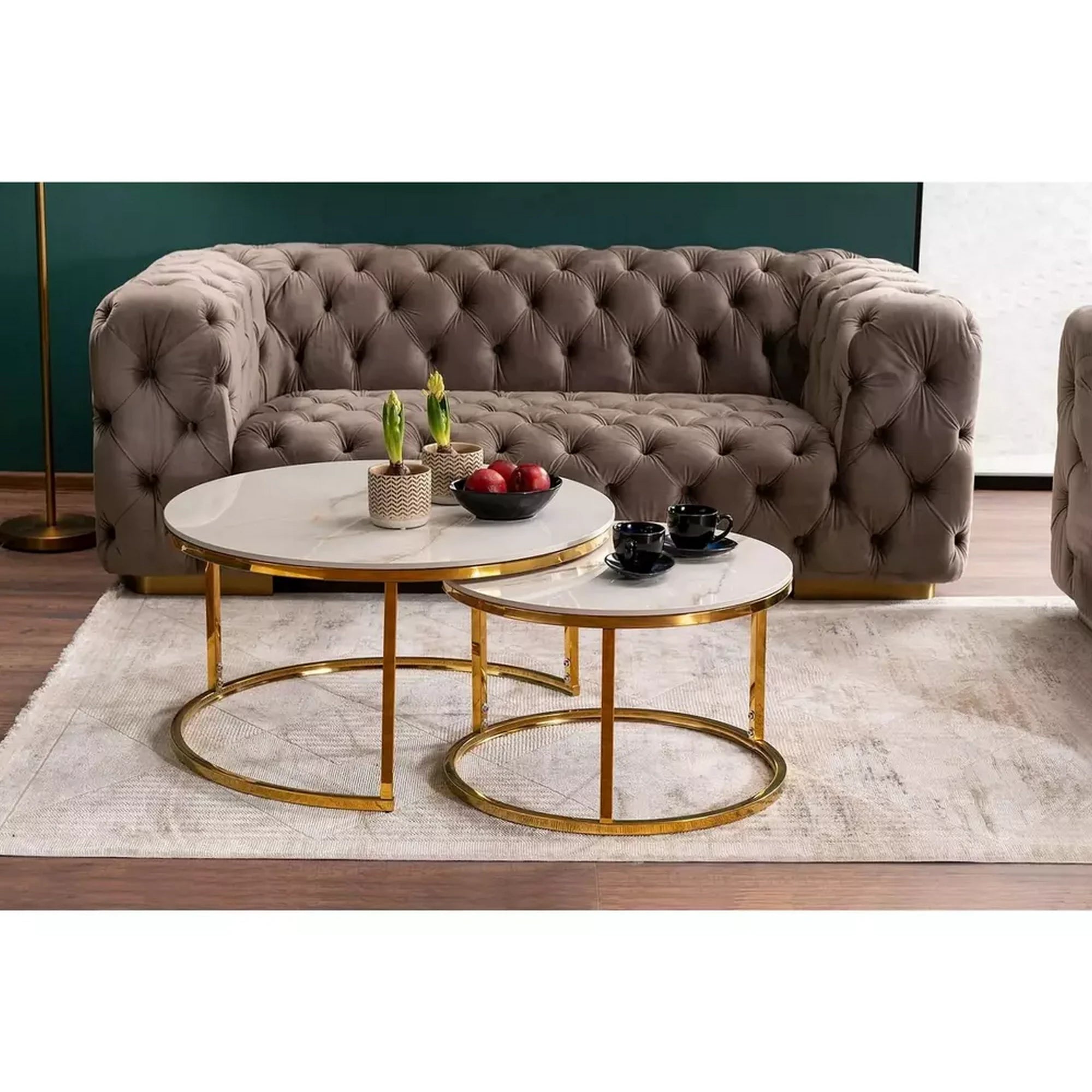 Set 2 masute cafea PORTAFINO A, alb cu efect de marmura/auriu, ceramica/metal, 80/60