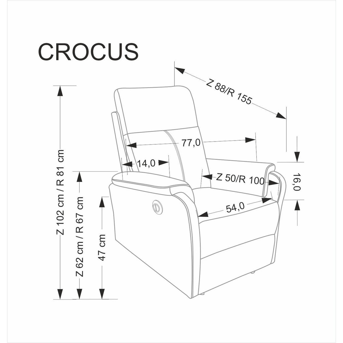 Fotoliu recliner CROCUS, stofa catifelata bej - Bluvel 40, 77x88/155x81/102 cm