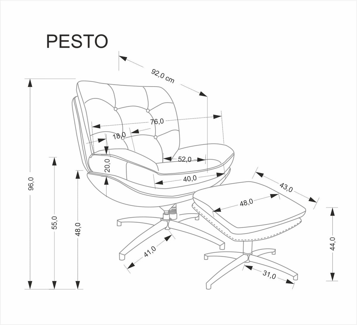 Fotoliu rotativ cu taburet PESTO, gri/negru, stofa clasica/metal, 76x92x96 cm