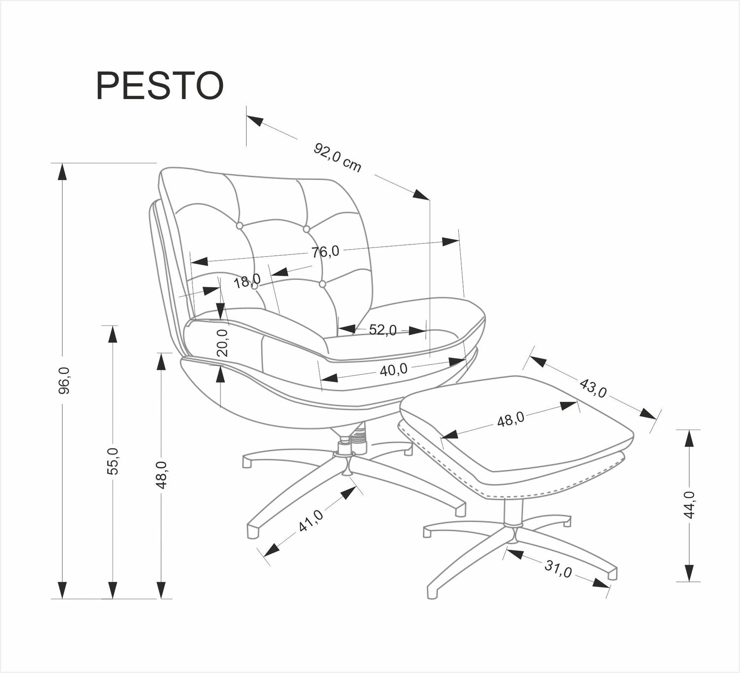 Fotoliu rotativ cu taburet PESTO, gri/negru, stofa clasica/metal, 76x92x96 cm