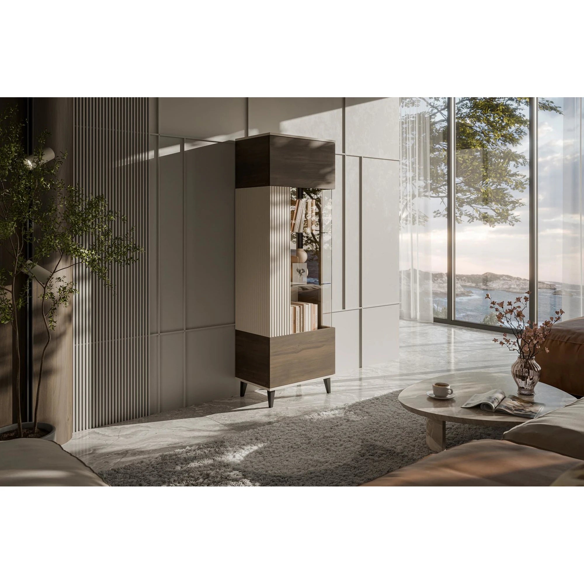 Vitrina RANDOM, nuc/casmir/negru, PAL furniruit/polipropilena, 60x40x182 cm