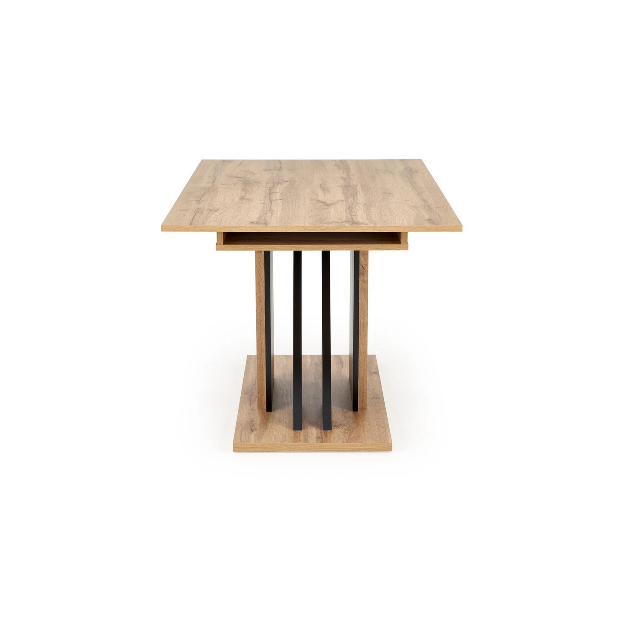 Masa living moderna FABIANO, stejar/negru, PAL laminat, 130/175x85x76 cm