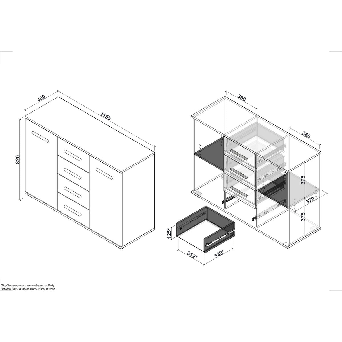 Comoda LIMA KM4, alb/stejar sonoma, PAL, 116x40x82 cm