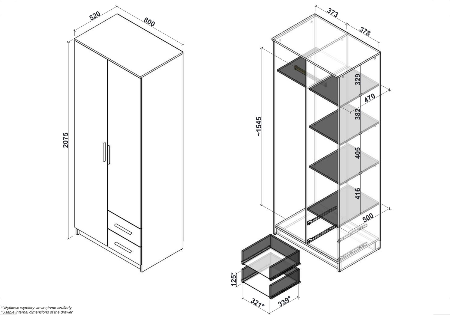 Dulap LIMA S-2, alb/stejar sonoma, PAL laminat, cu 2 usi si 2 sertare, 80x52x205 cm