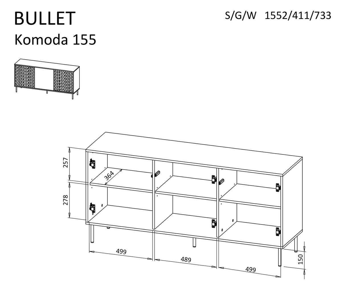 Comoda BULLET, negru/auriu, PAL laminat, 155x41x73 cm