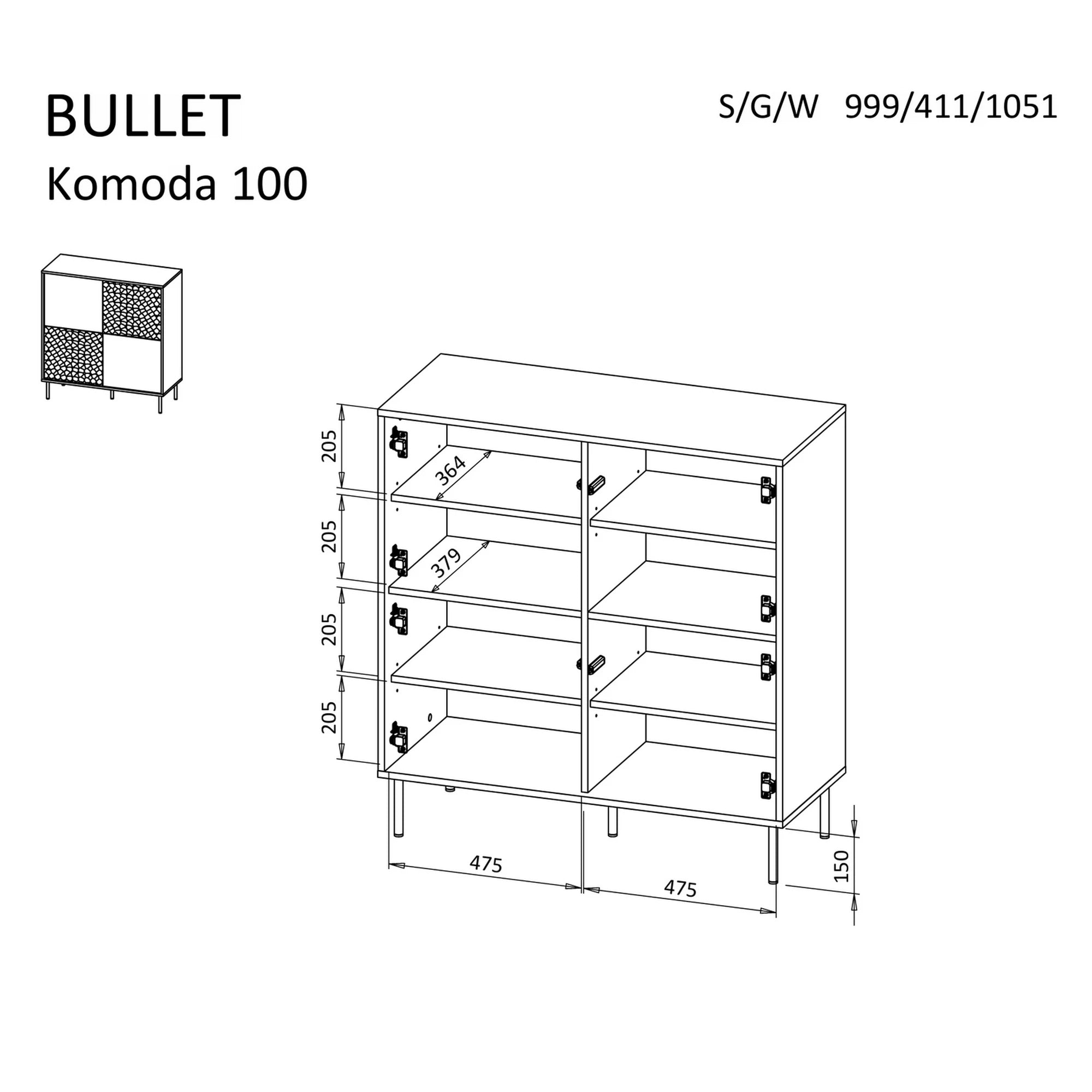 Comoda BULLET, negru/auriu, PAL laminat, 100x41x105 cm