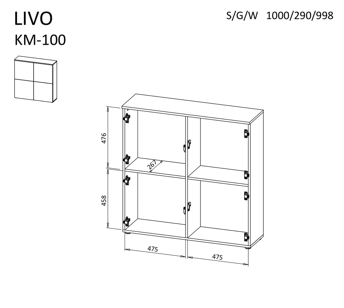 Dulap LIVO KM100, alb, cu 4 usi, 100x29x100 cm