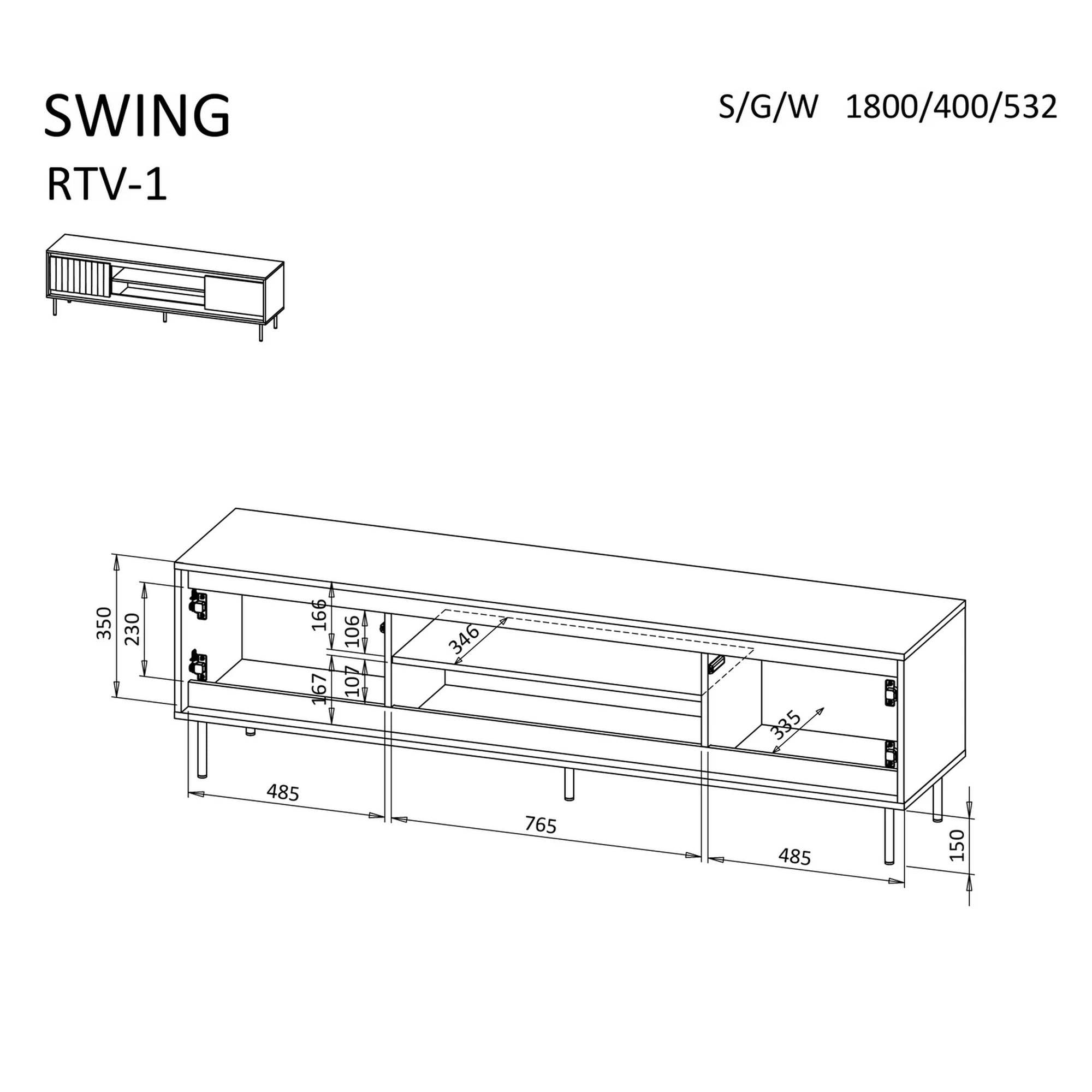 Comoda TV SWING RTV-1, nuc/negru, PAL laminat/metal, 180x40x53 cm