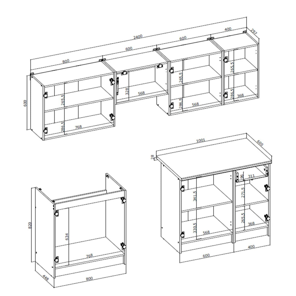 Set bucatarie DARIA, stejar craft/gri cu efect de marmura, PAL laminat/sticla, 240 cm