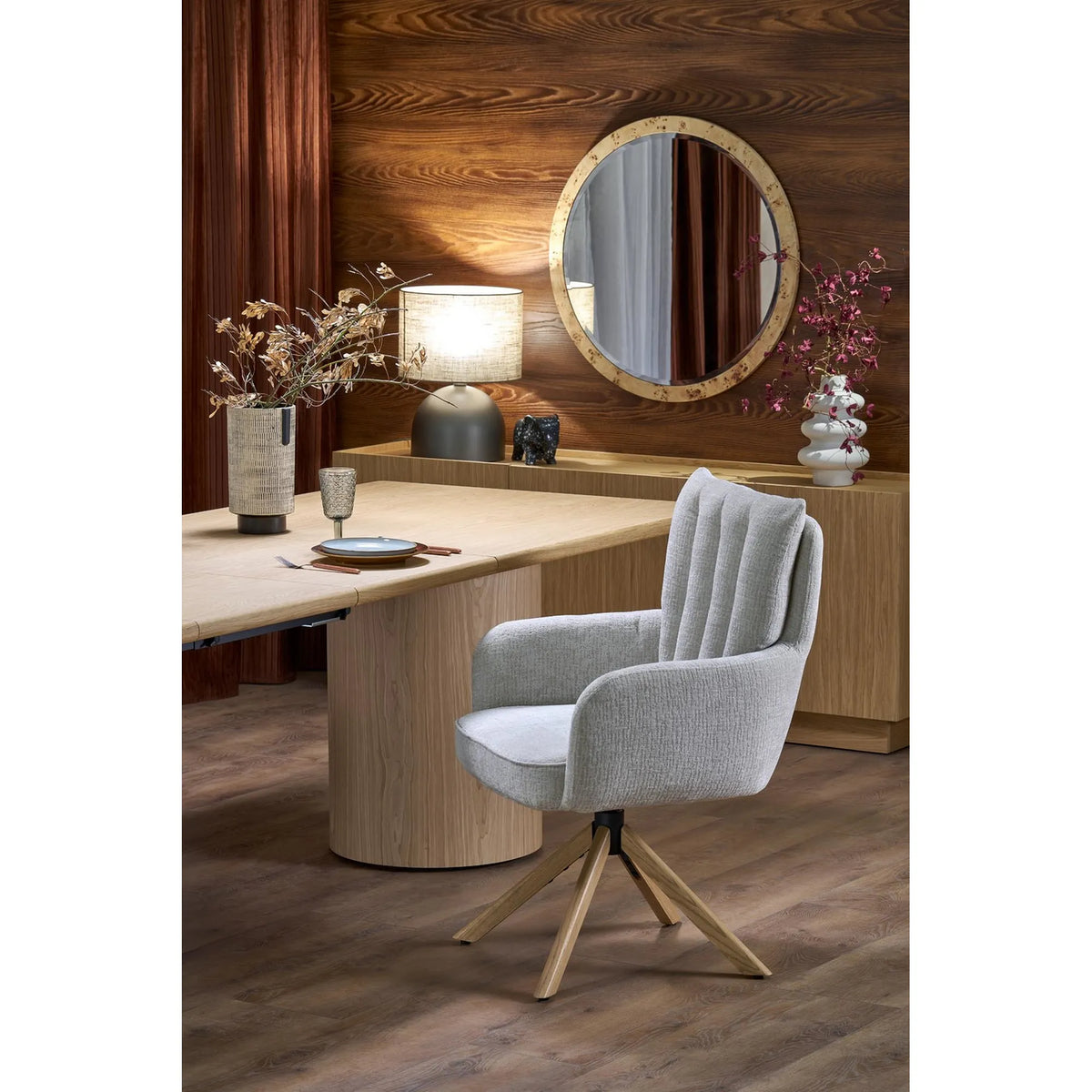 Scaun rotativ K594, bej/stejar, stofa/lemn, 60x64x95 cm