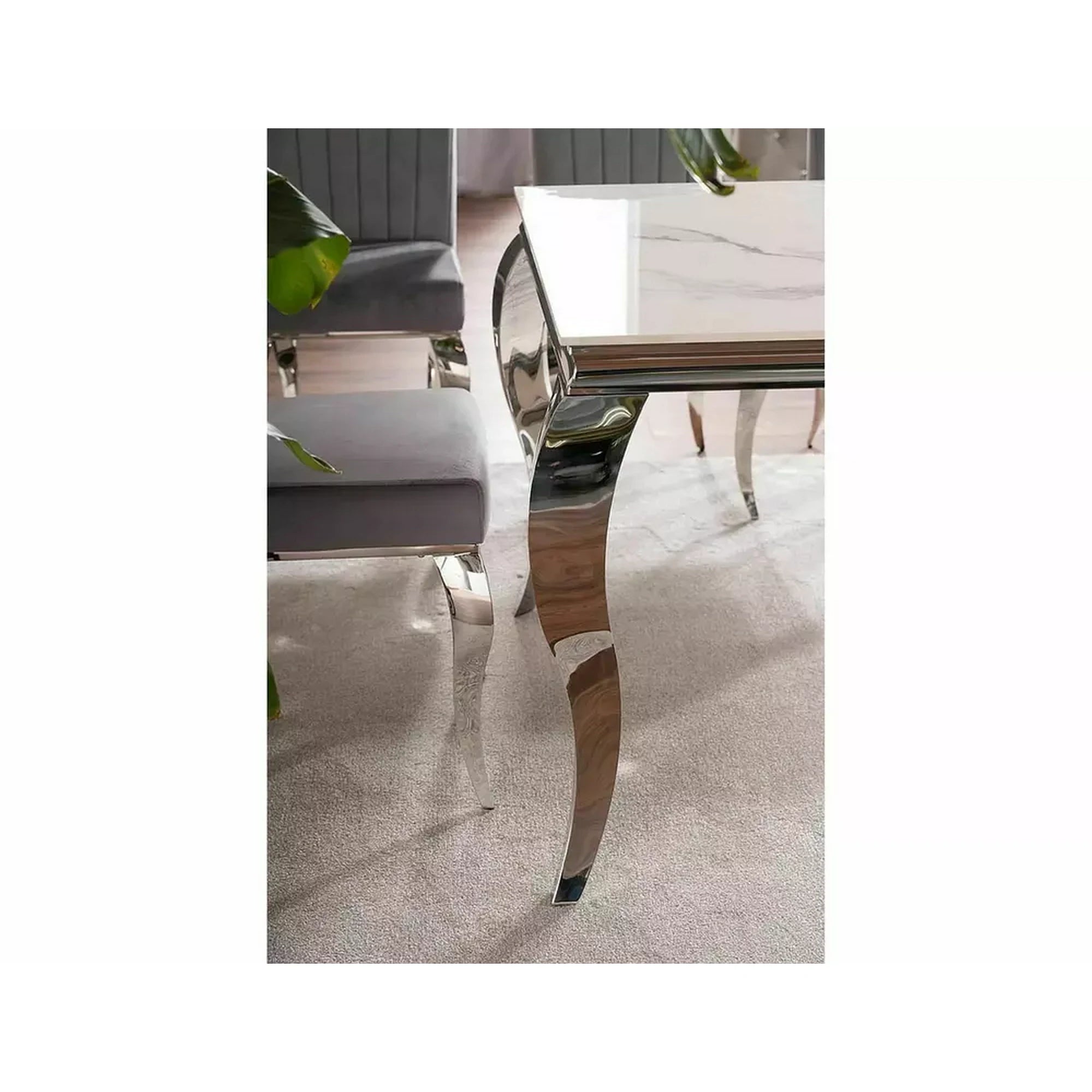 Masa PRINCE, alb cu efect de marmura/crom, ceramica/metal, 180x90x75 cm