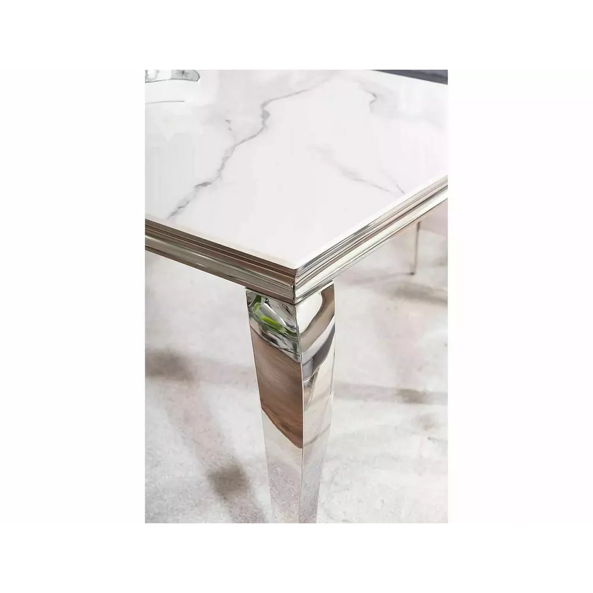 Masa PRINCE, alb cu efect de marmura/crom, ceramica/metal, 180x90x75 cm