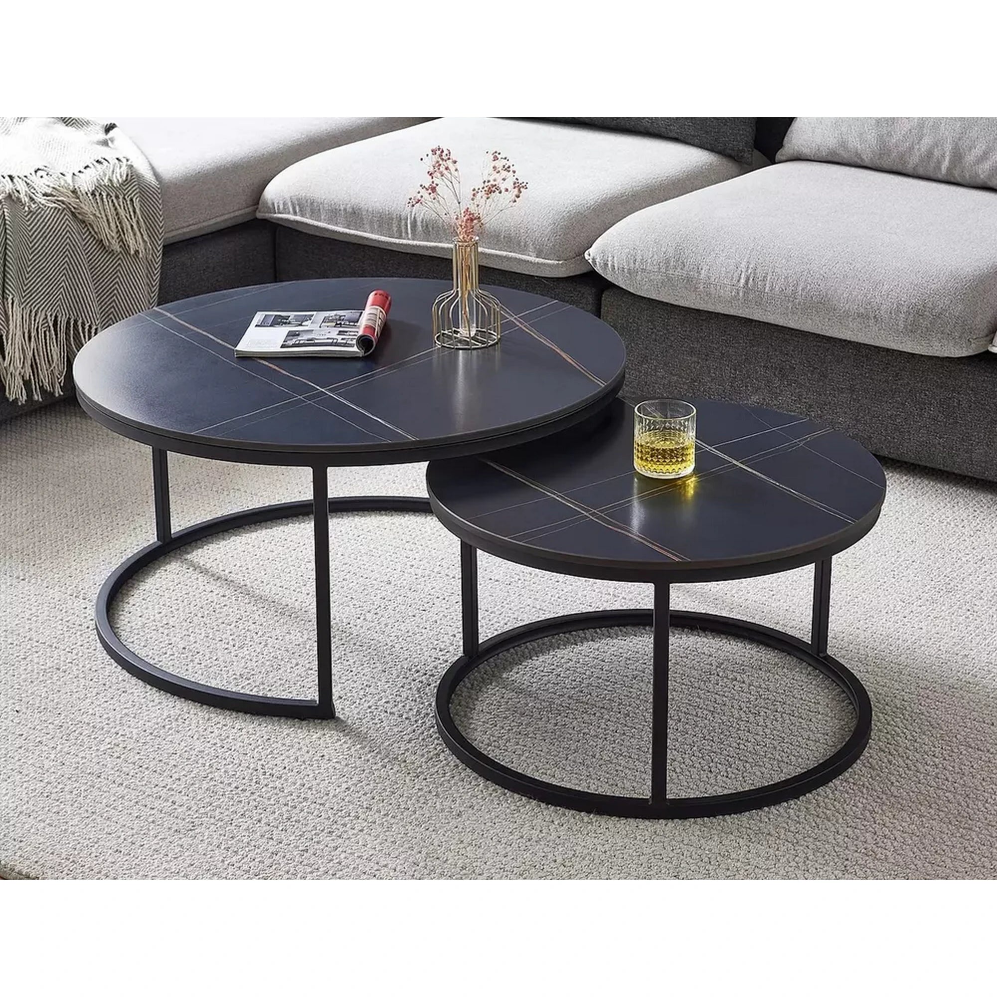 Set 2 masute cafea FERRANTE D, negru, ceramica/metal
