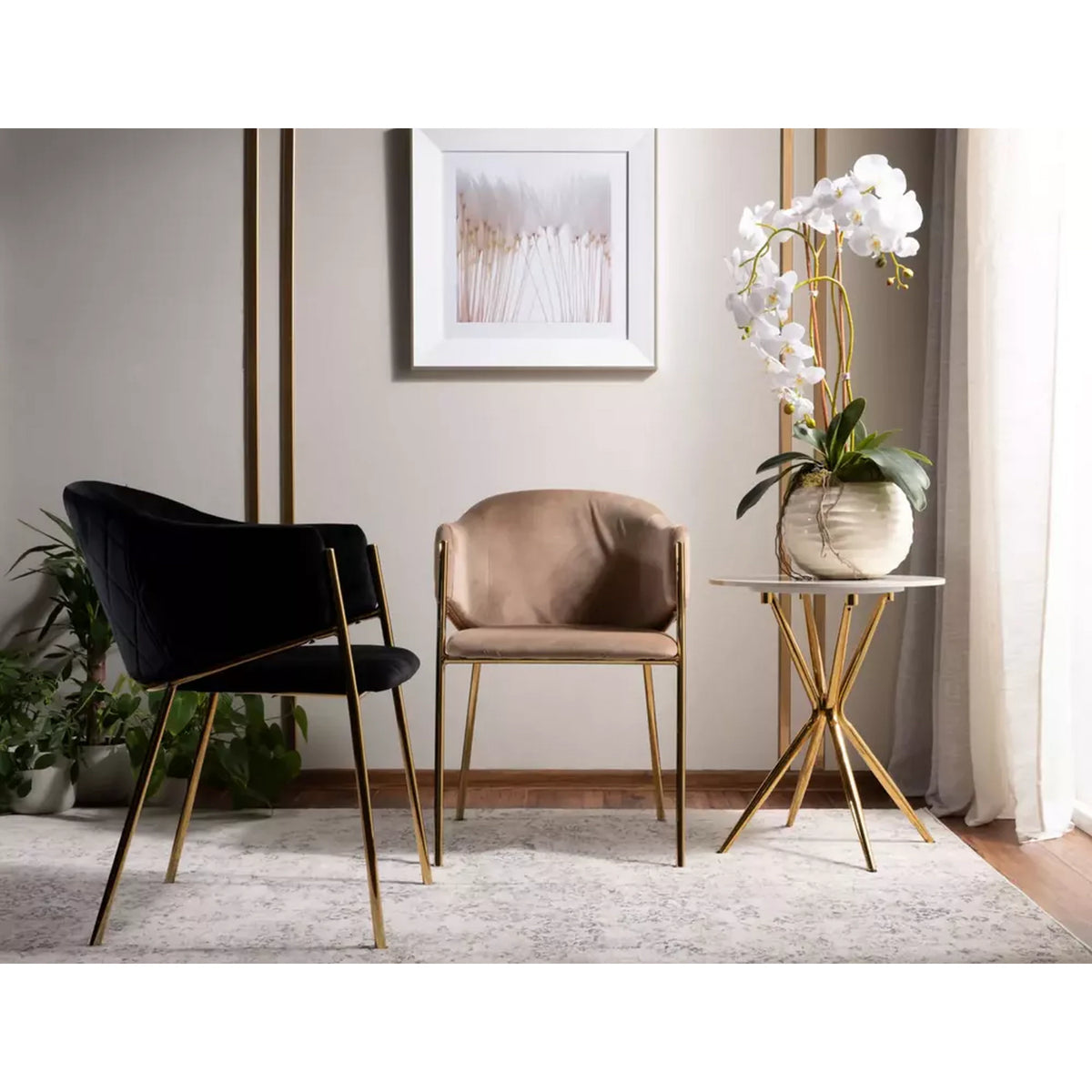 Scaun de living modern BONO, bej/auriu, stofa catifelata/metal, 55x44x77 cm