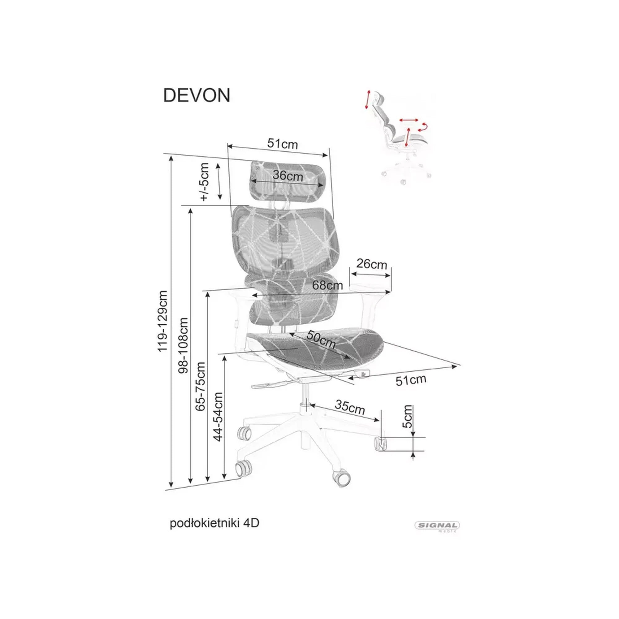 Scaun birou DEVON, gri/alb, plasa/metal, 68x50x119/129 cm