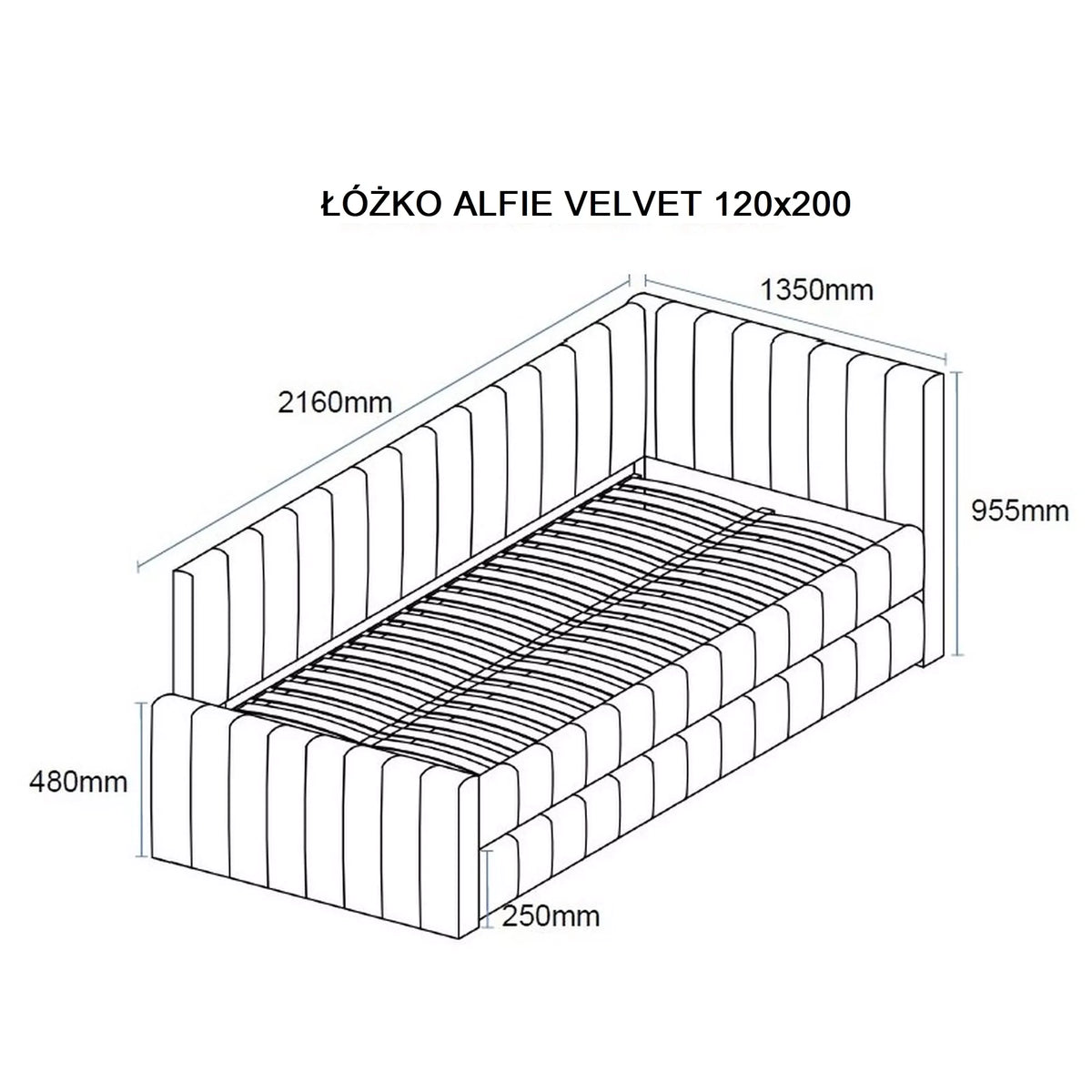 Divan 120 x 200 ALFIE, stofa catifelata bej - Bluvel 40, cu somiera si corp aditional