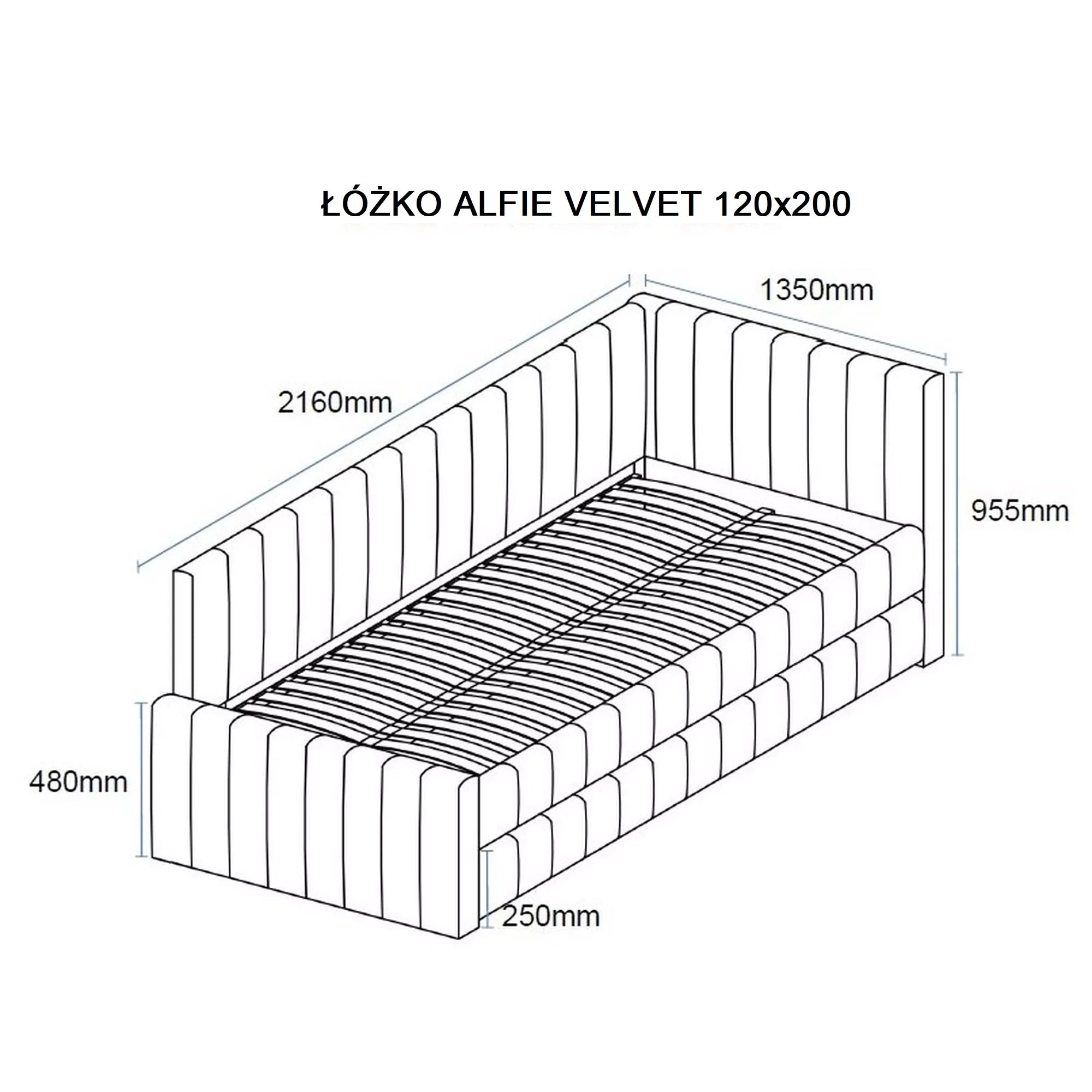 Divan 120 x 200 ALFIE, stofa catifelata bej - Bluvel 40, cu somiera si corp aditional