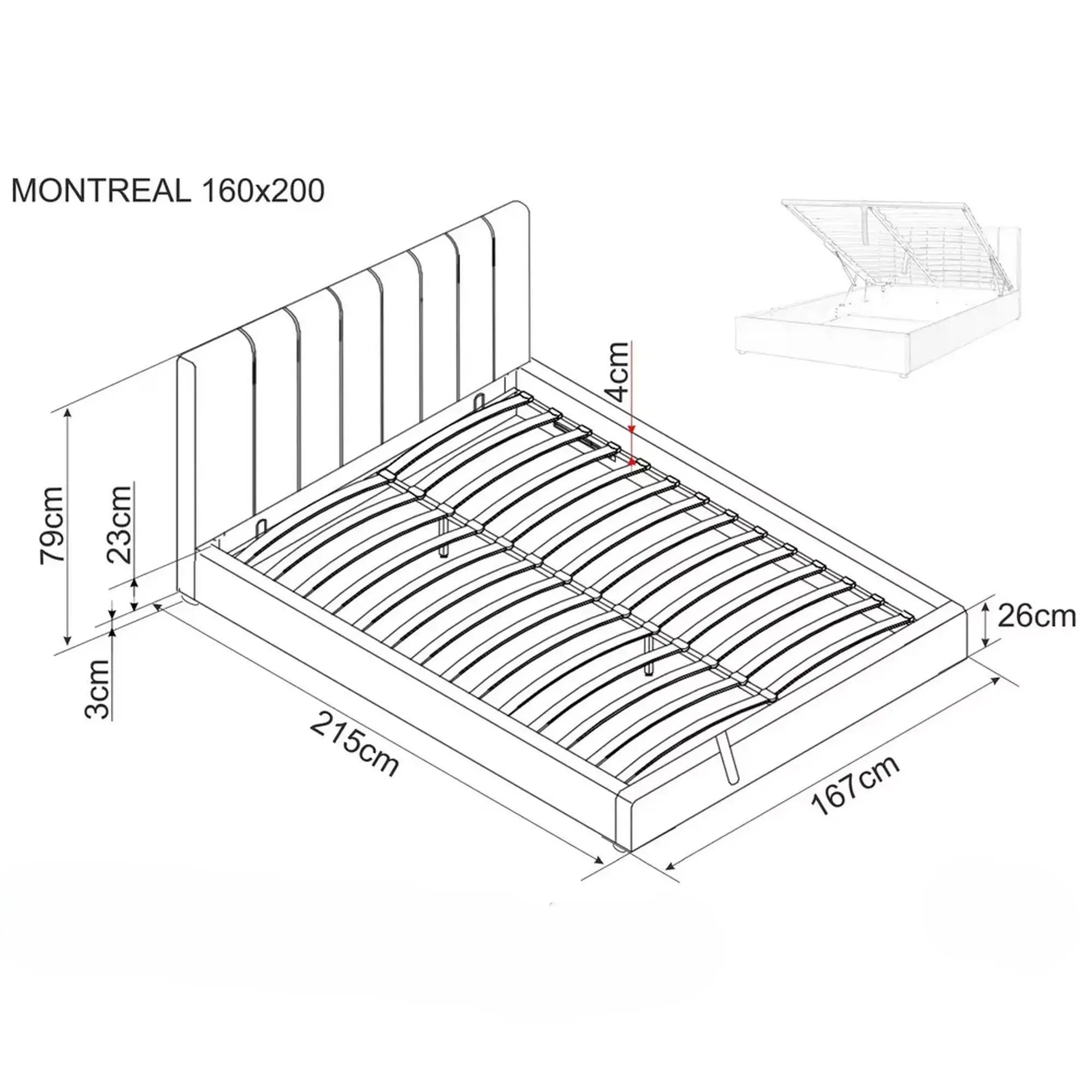 Pat 160 cm MONTREAL, stofa catifelata gri, cu somiera si spatiu depozitare