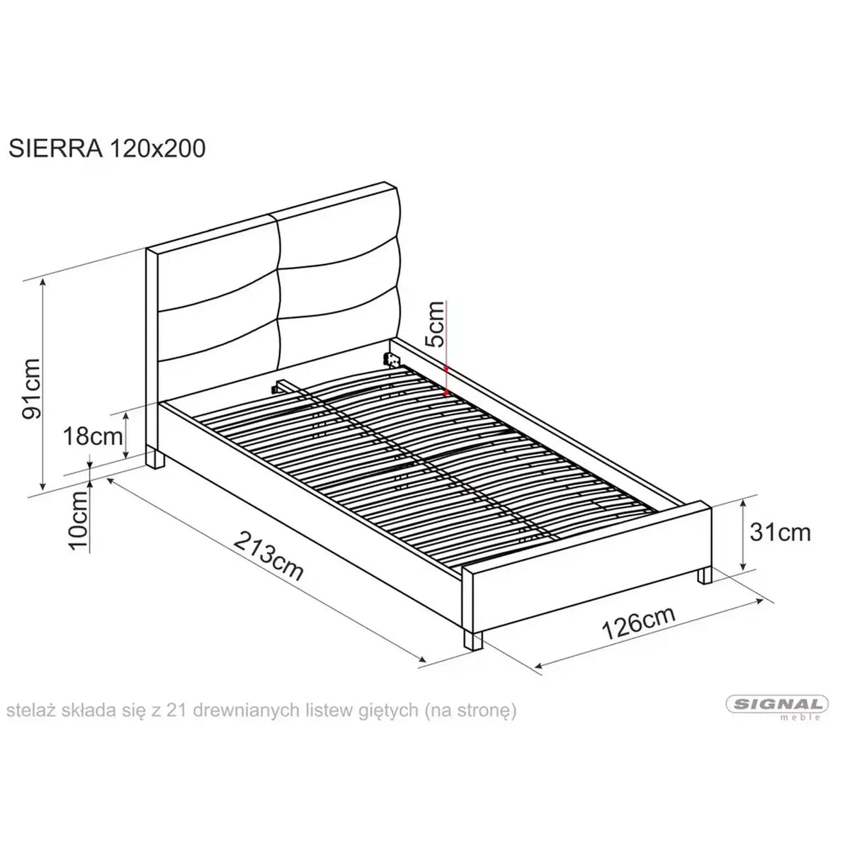 Pat o persoana tapitat SIERRA 120x200, stofa catifelata gri - Tap. 150, somiera inclusa