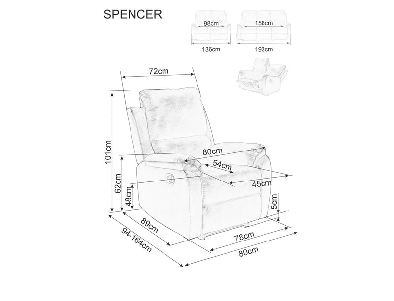 Fotoliu recliner SPENCER 1, gri inchis/negru, stofa clasica/metal, 80x94/164x101 cm